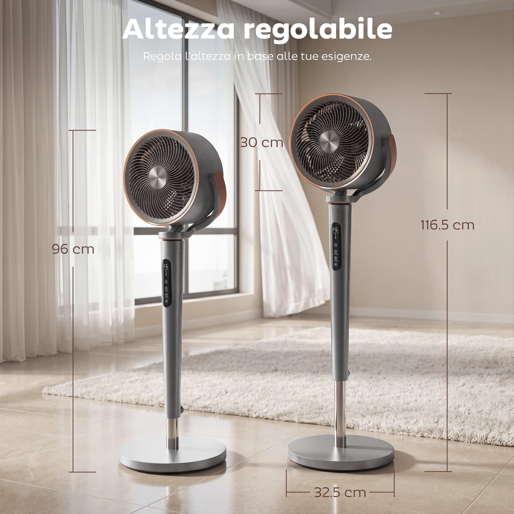 HOMCOM Ventilatore a Piantana Silenzioso 20dB, Ventilatore Camera da Letto, Oscillazione 70°+90°, Funzione Aromaterapia, Ionizzatrice, Motore DC, Telecomando, 12 Velocità, Timer12H, Altezza Regolabile