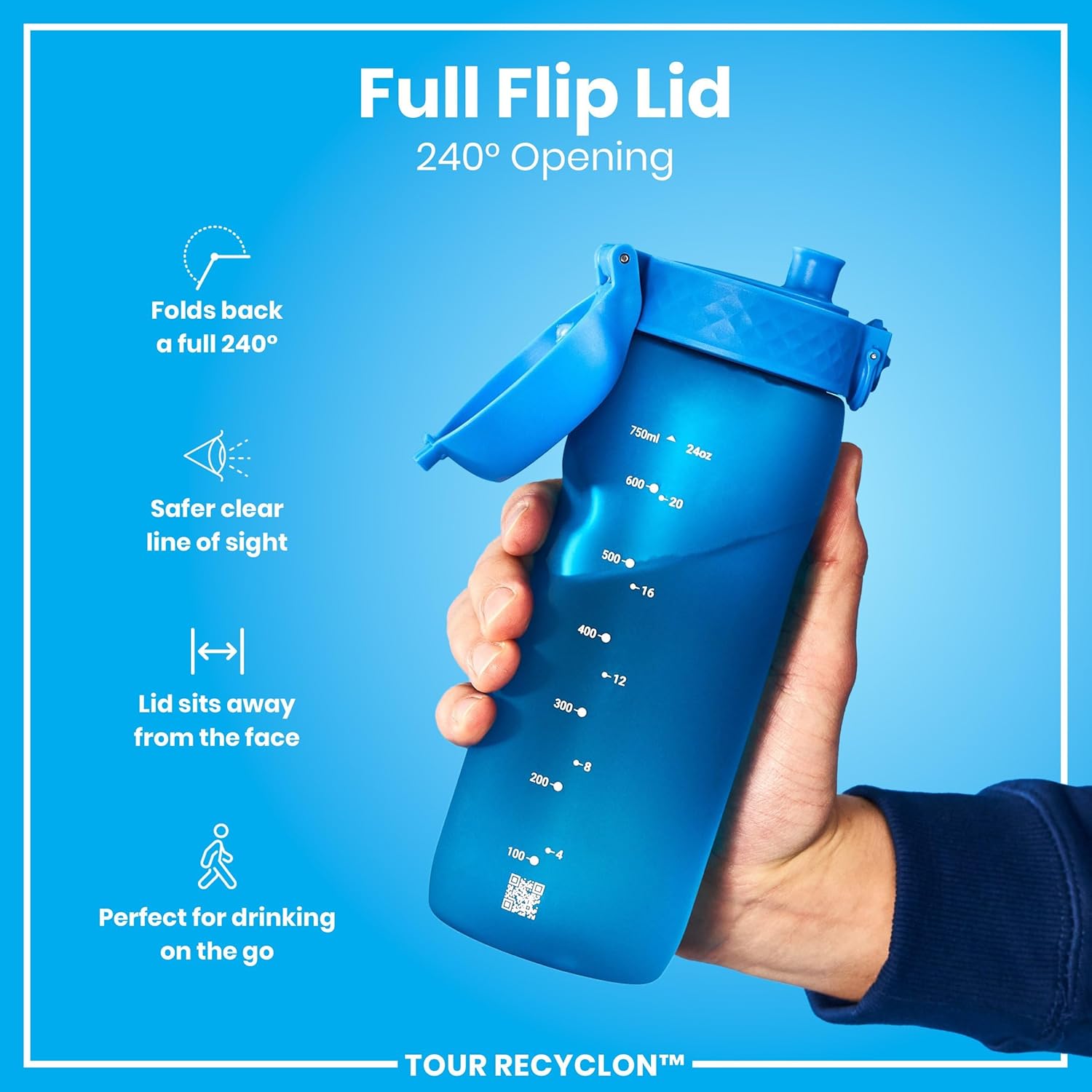 Ion8 Water Bottle, 750 ml/24 oz, Leak Proof, Easy to Open, Secure Lock, Dishwasher Safe, BPA Free, Flip Cover, Carry Handle, Soft Touch Contoured Grip, Easy Clean, Odor Free, Carbon Neutral, Blue - Image 4