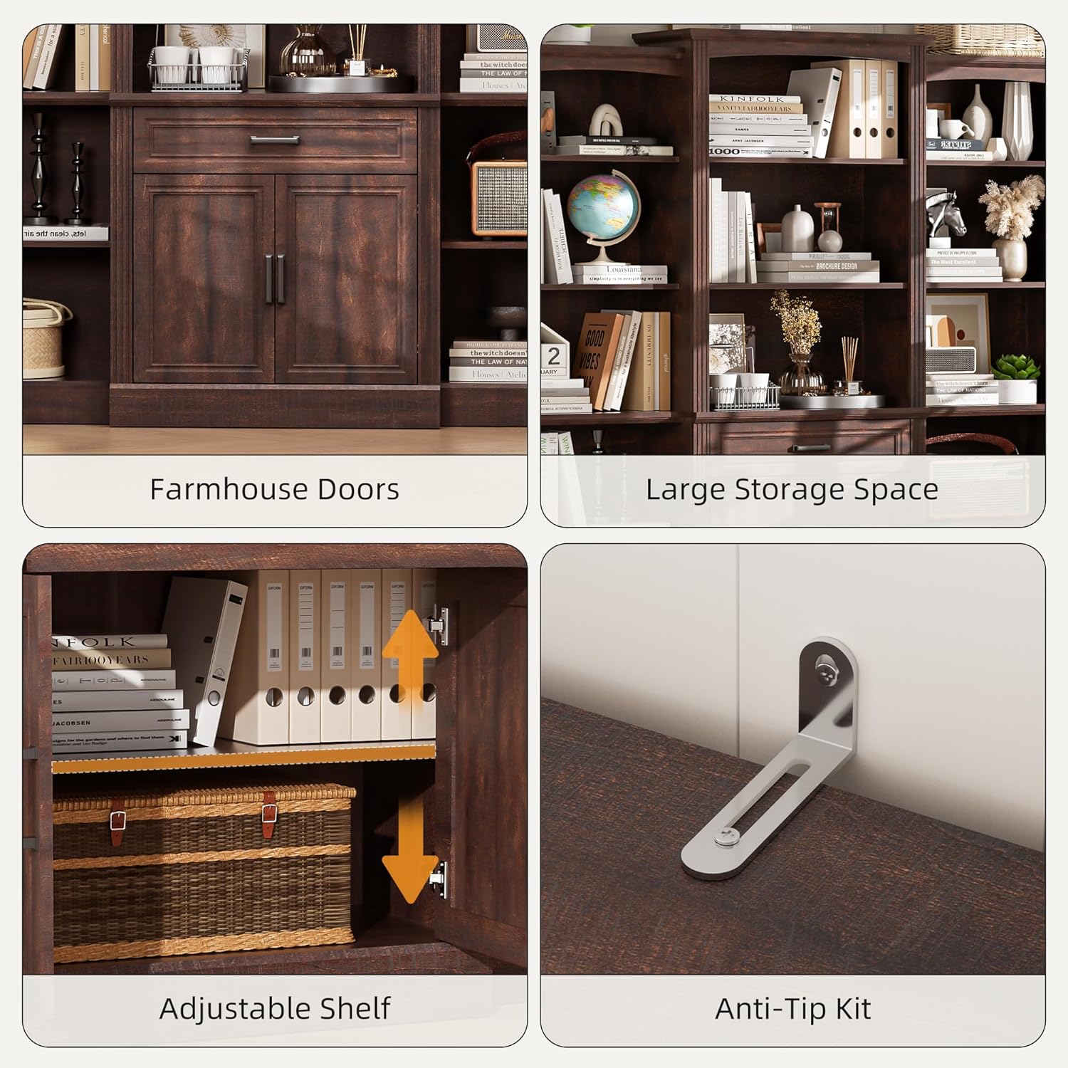 Spurgehom 70" Bookshelf and Bookcase with Doors Large Bookshelf with Drawers, Farmhouse Bookcase with Storage Cabinet, Standing Display Storage Bookshelf for Home Office, Brown