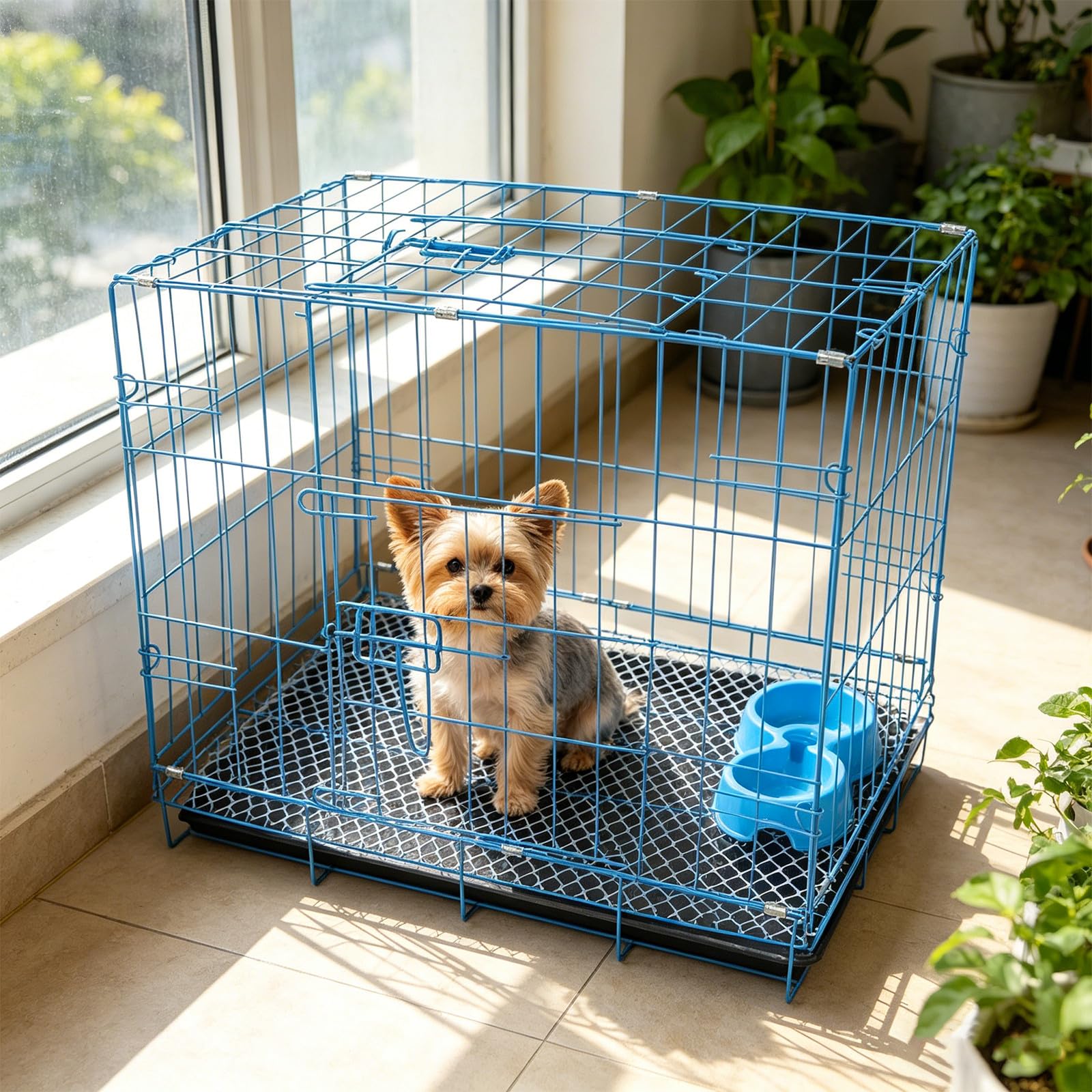 1 zestaw klatek dla małych zwierząt - składana klatka dla psa z wyjmowaną tacką, matą z siatki i miską na karmę - idealna do podróży, do użytku w pomieszczeniach dla szczeniąt (niebieska)