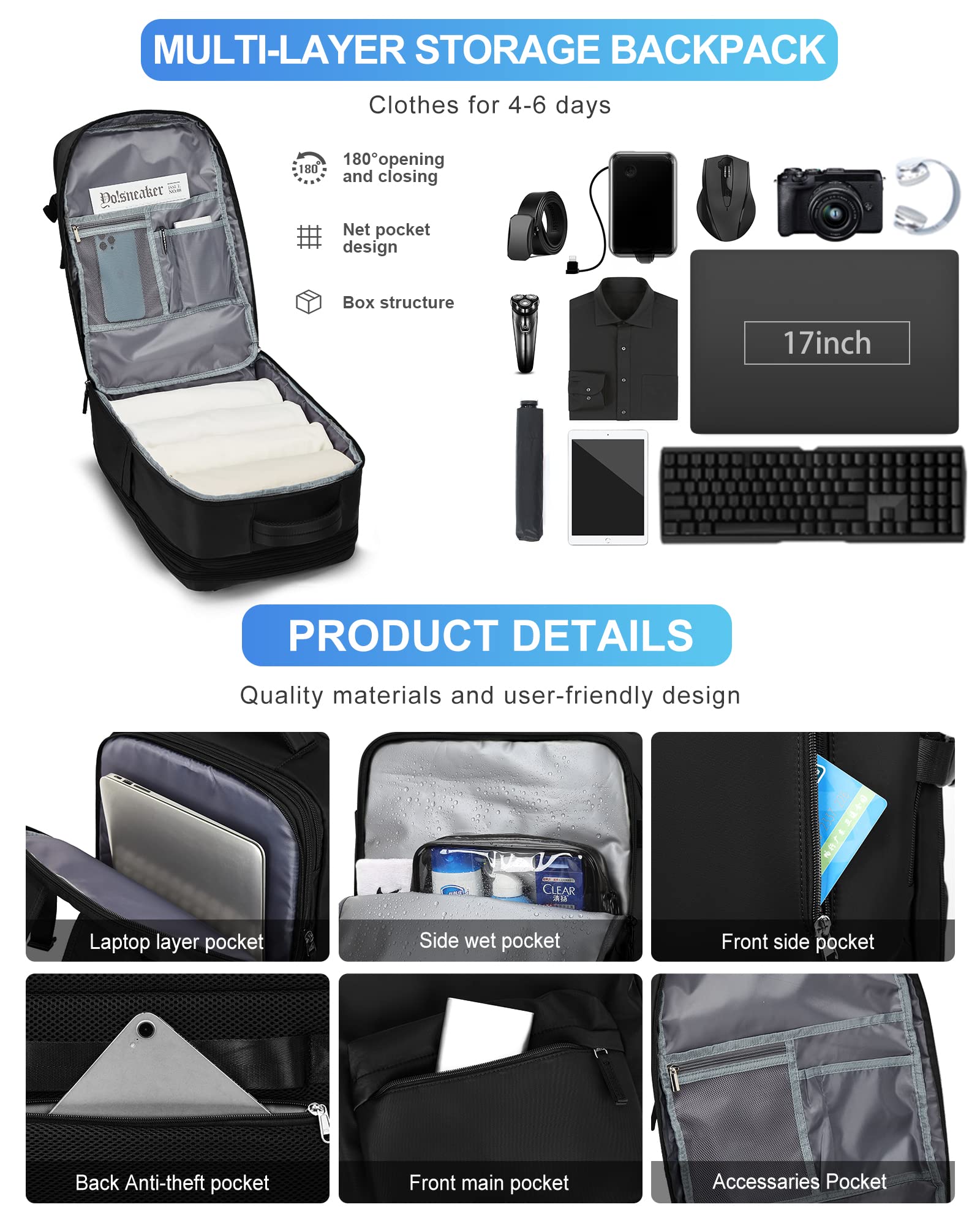 BJLFS Borse da Cabina per Ryanair 40×20×25 Bagaglio a Mano Easyjet 45×36×20 Borsa Zaino da Viaggio, Zaino da trekking,Zaino Casual per laptop da 14 pollici per scuola