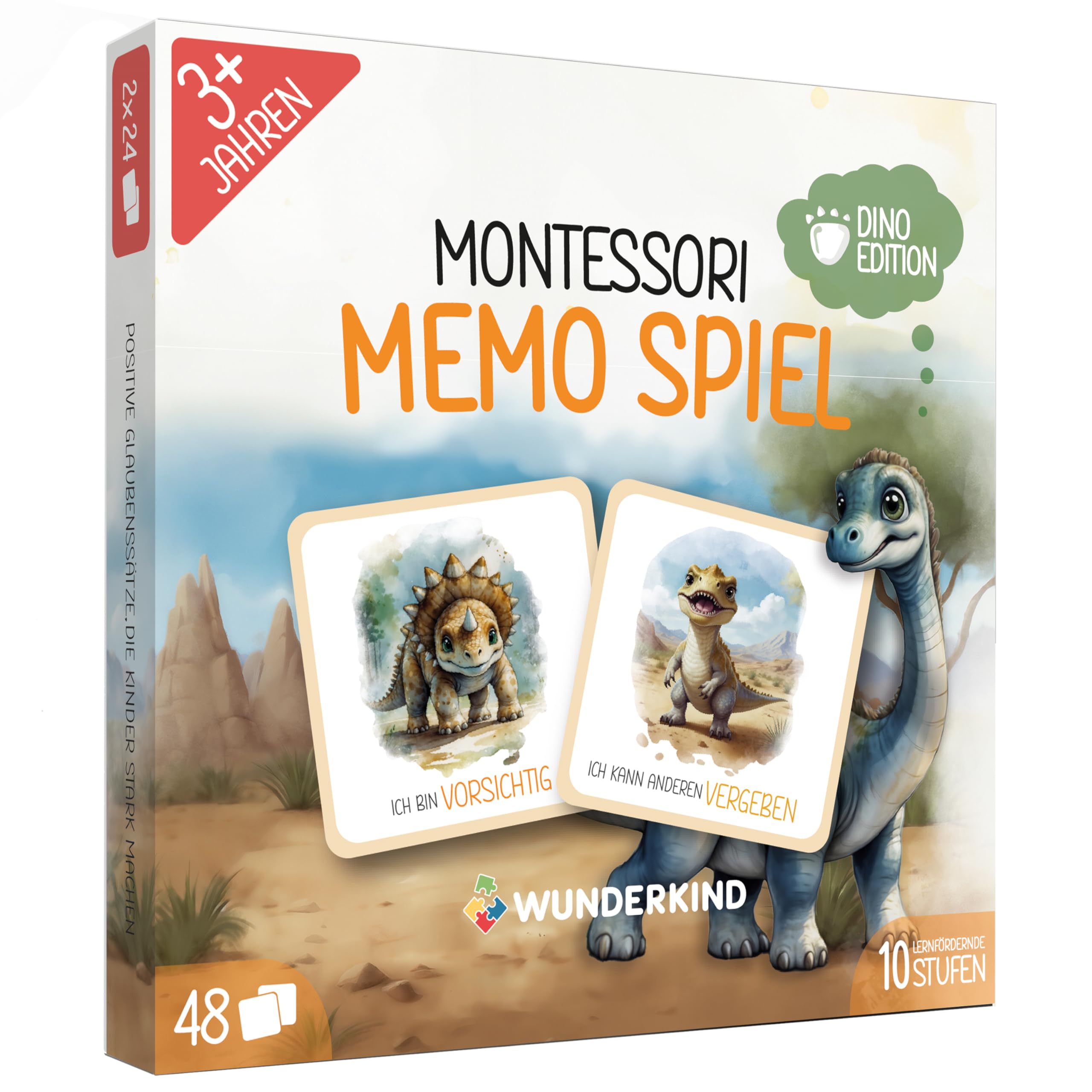 Wunderkind Montessori Memory ab 2 Jahre - Tierbaby Memorie mit 48 Karten - Fördert Konzentration, Gedächtnis & Sprache - Montessori Karten mit Affirmationen (Dino)