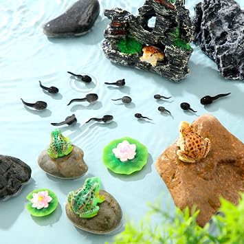 Gemscream 21 Pcs Mini Artificial Pond Accessories Miniature Floating Lotus Mini Resin Lily Pads Tiny Frog Tadpole Figurines for Home Outdoor Pond Pool Garden Patio Aquarium Water Decoration