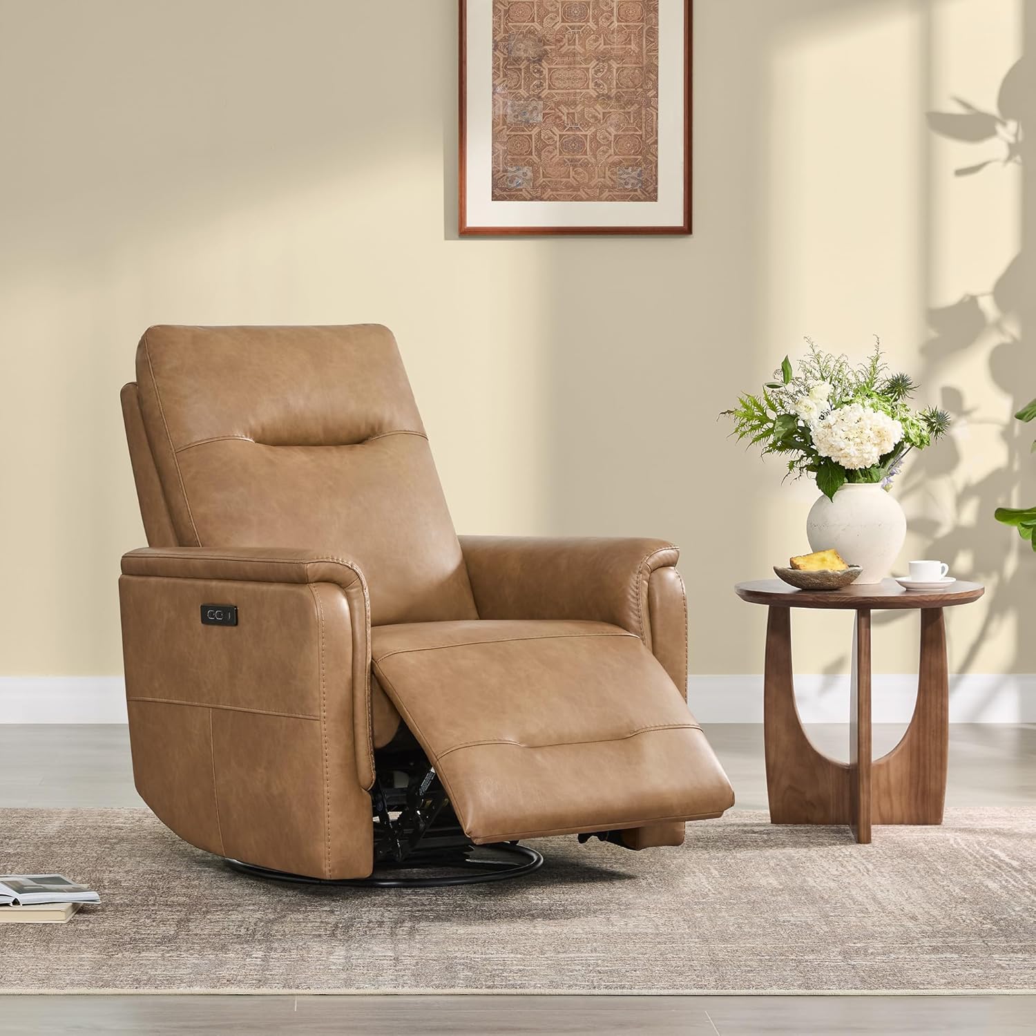 Watson & Whitely Power Recliner Chair with Adjustable Headrest, Swivel Glider Rocker Nursery Recliner with USB-C Charger for Living Room, Camel Brown Faux Leather