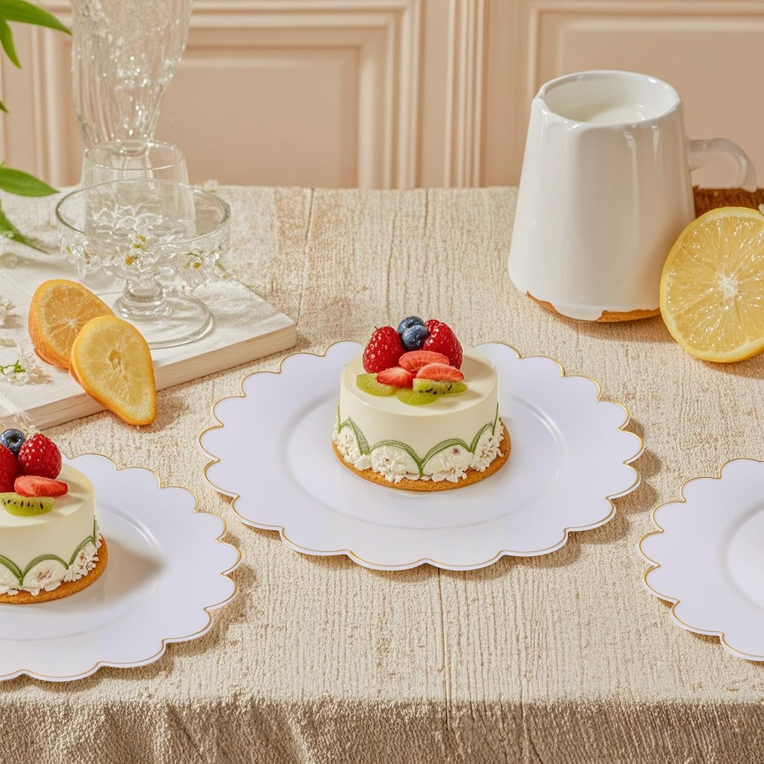 LIYH 100 Pcs Gold White Dessert Plates - 7.5" Disposable Fancy Cake Plates - White with Gold Rim Premium Hard Appetizer Cake Plastic Wedding Plate for Party,Bridal Shower,Birthday,Valentine's Day - Image 3