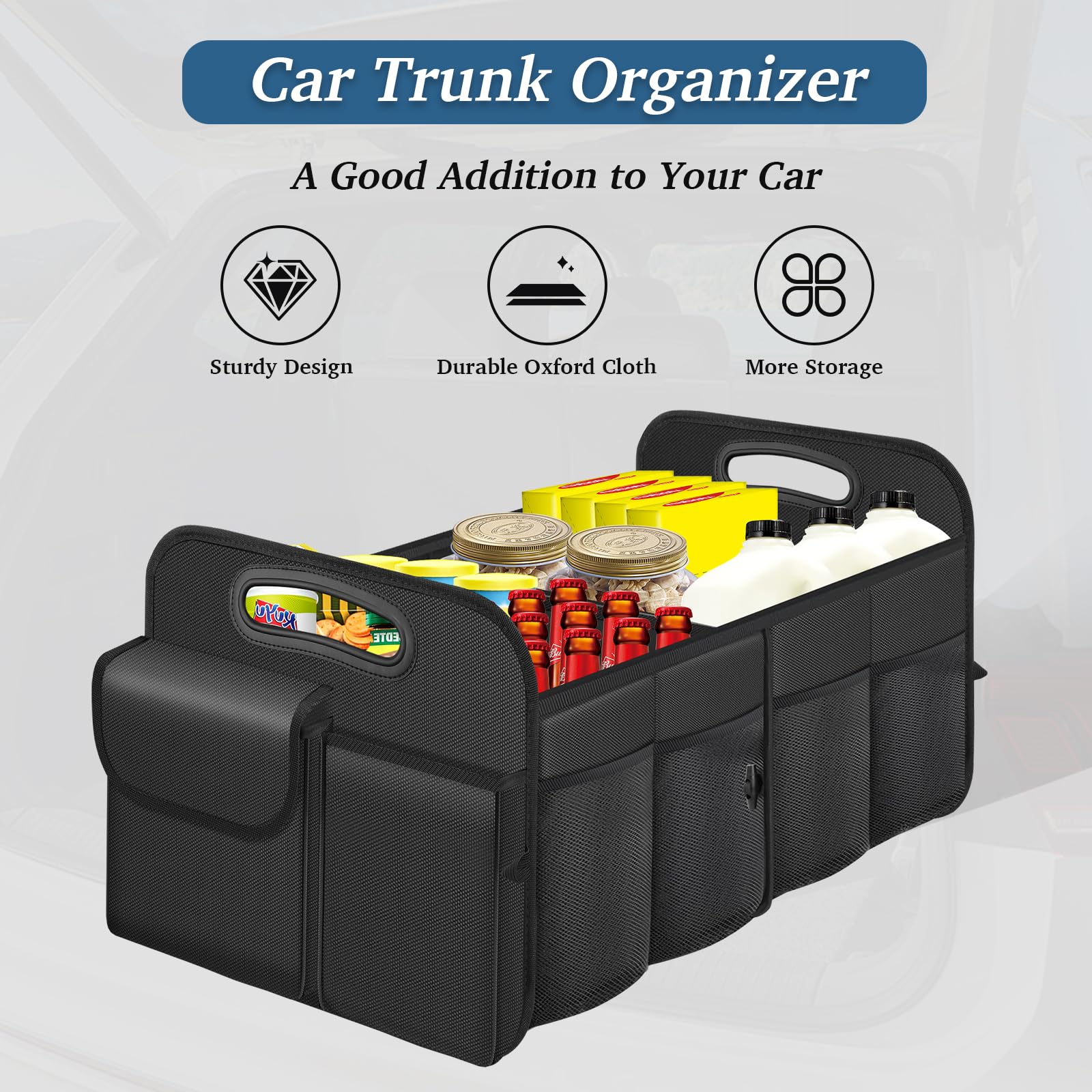 Condition photo showing New/Like New for trunk organizer, collapsible waterproof car trunk organizer for suvs & sedans, car storage organizers with reinforced handles, car accessories for women and men, 2 compartments, 52l, black