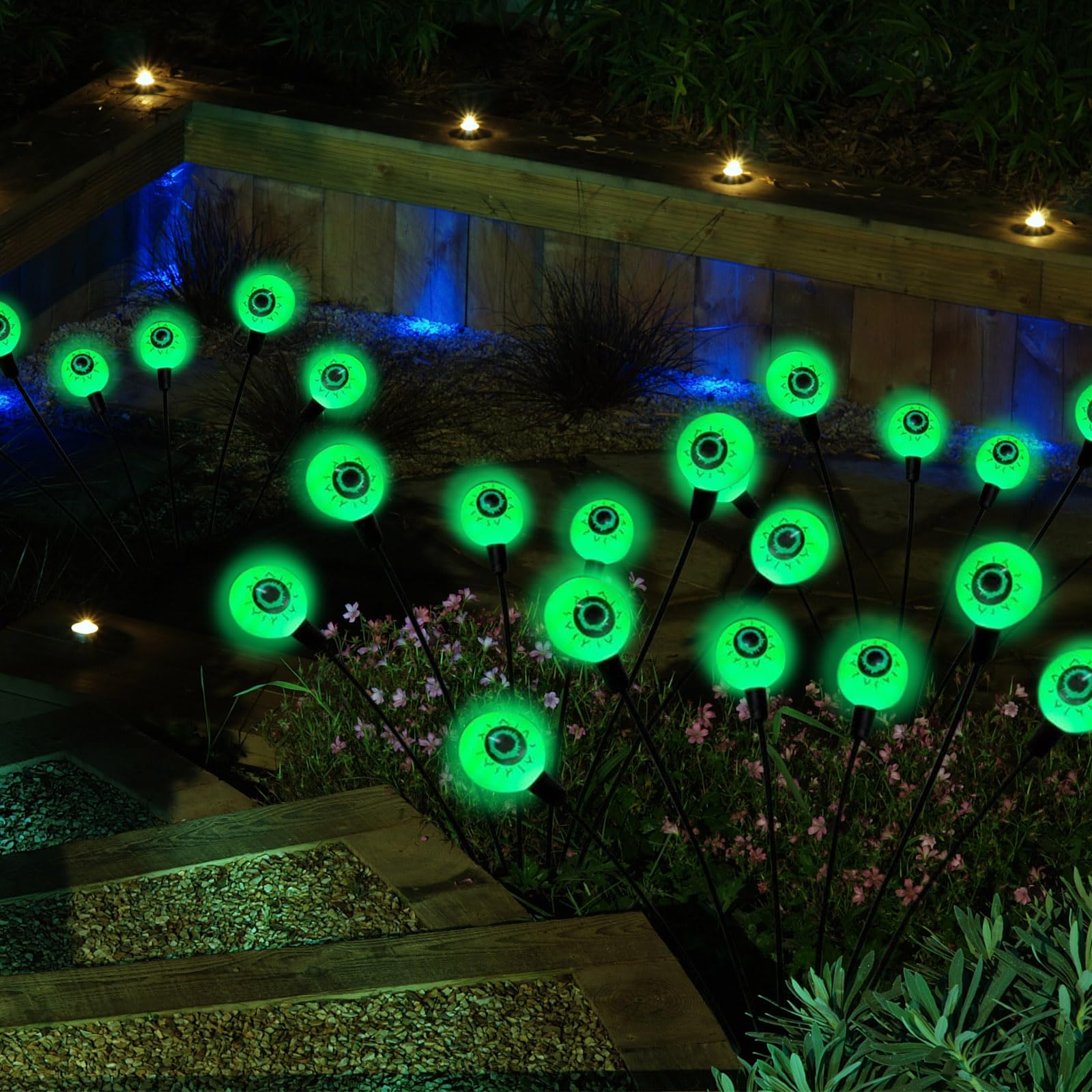 2 Packs Solar Halloween Eyeball Lights Outdoor 20LED Scary Eyeball Swaying Firefly Lights Waterproof Solar Halloween Path Lights for Path, Yard, Lawn, Garden, Landscape, Halloween Party (Green)