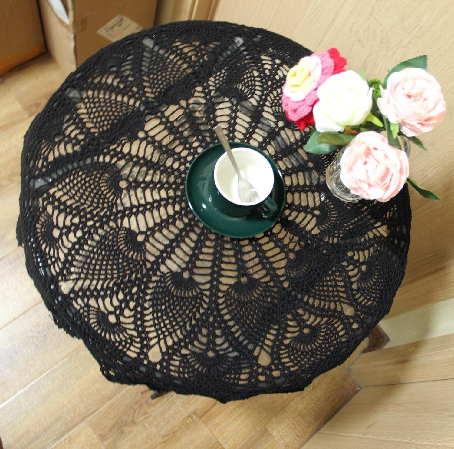 BIBITIME Doilies Crochet Round Lace Placemats Handmade Pineapple Flower Coasters Table Mat Sofa Decor Cover (32 in to 35 in,Pack of 1PC, Black)