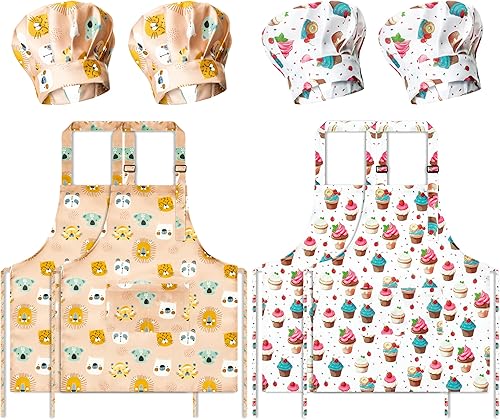 GROBRO7 Juego de 8 delantales y sombrero de chef para niños, regalo para niñas, niños, fresa, magdalenas, animales, delantales de cocina ajustables,