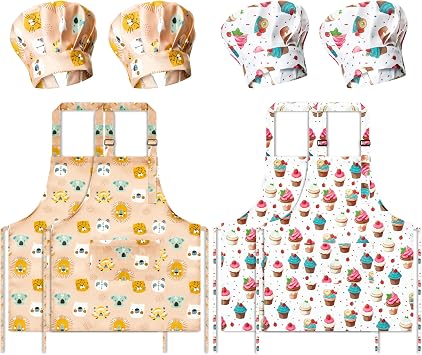 8Pcs Kids Apron and Chef Hat Set Gift for Girls Boys Strawberry Cupcake Animal Adjustable Kitchen Child Aprons with 4 Pockets Waterproof Chef Hats for Baking Cooking Painting Artist Training