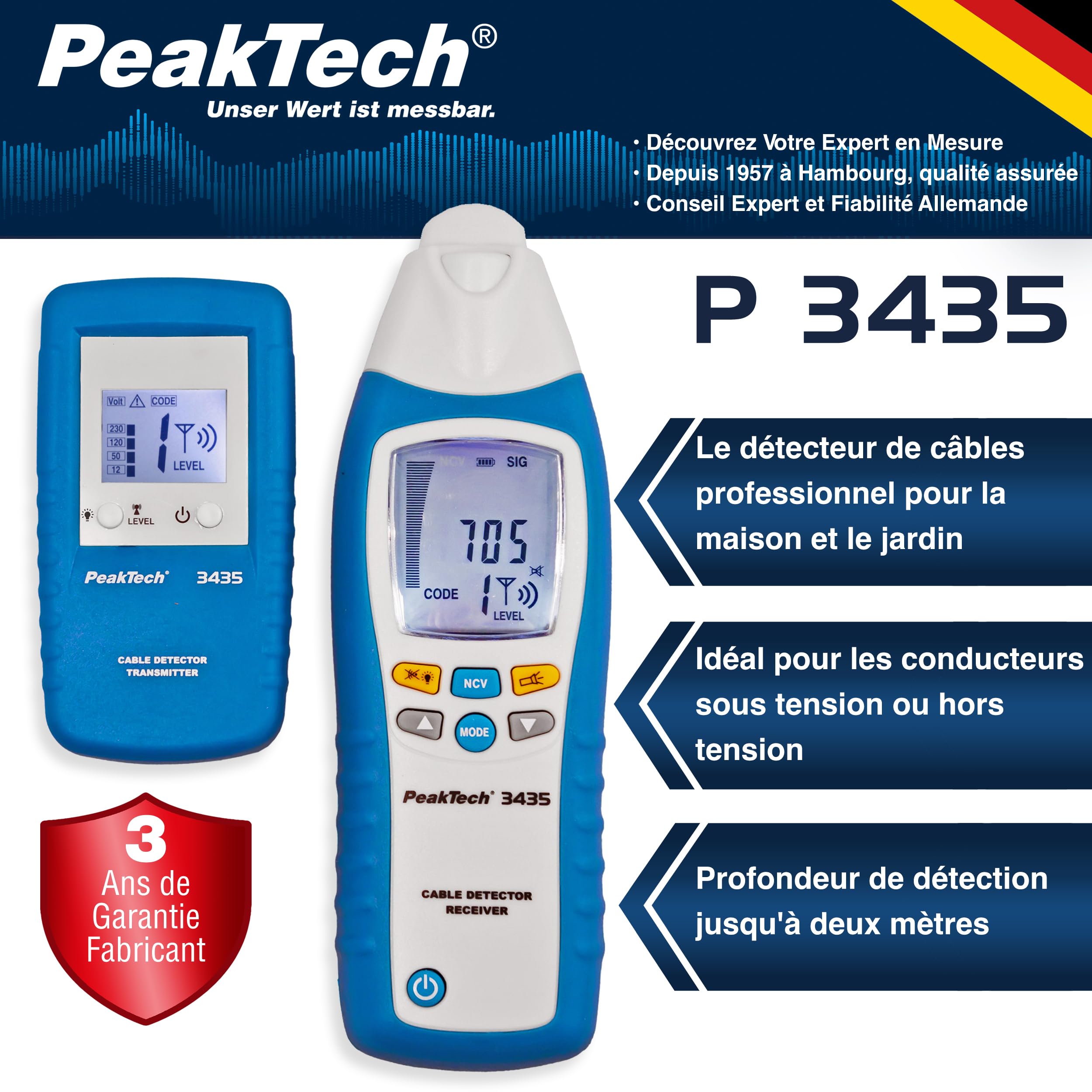 PeakTech 3435 - Détecteur de Câbles avec Émetteur et Récepteur, Voltmètre, Détecte les Courts-Circuits, Fusibles, Tuyauteries, y Compris dans les Murs, Plafonds et Sols - jusqu'à 2m de Distance