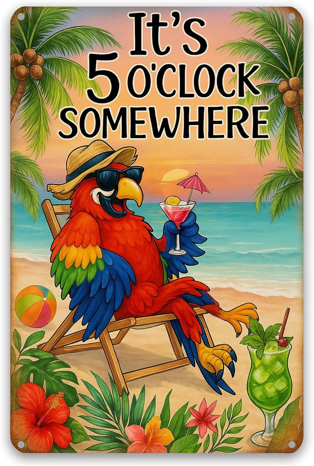 It's 5 O'Clock Somewhere Sign - Funny Parrot Vintage Decor for Tiki Bar, Beach House, Patio & Outdoor, 8x12 Inch Rust-Proof Aluminum Metal Sign, UV Printed Fade-Resistant Wall Art (8" x 12")
