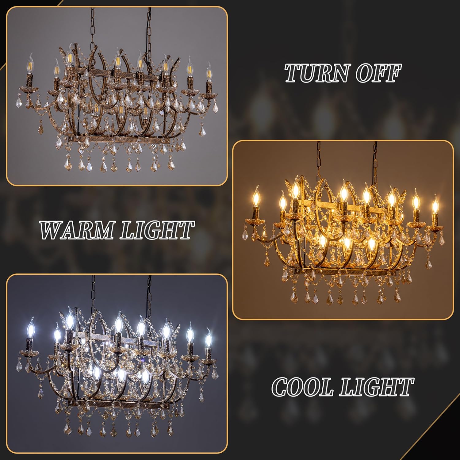 TOCHIC 15 Lights Crystal Chandelier Lighting, Vintage Amber K9 Crystal Chandelier Antique Bronze Candle Pendant Light Ceiling Hanging Light Fixture for Dining Living Room, Bedroom, Bedroom, Kitchen