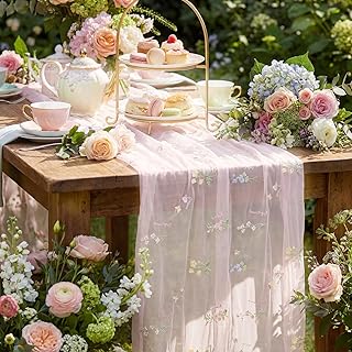Remagr 9.8 Ft Pink Floral Tulle Table Runner Embroidery Wedding Decor