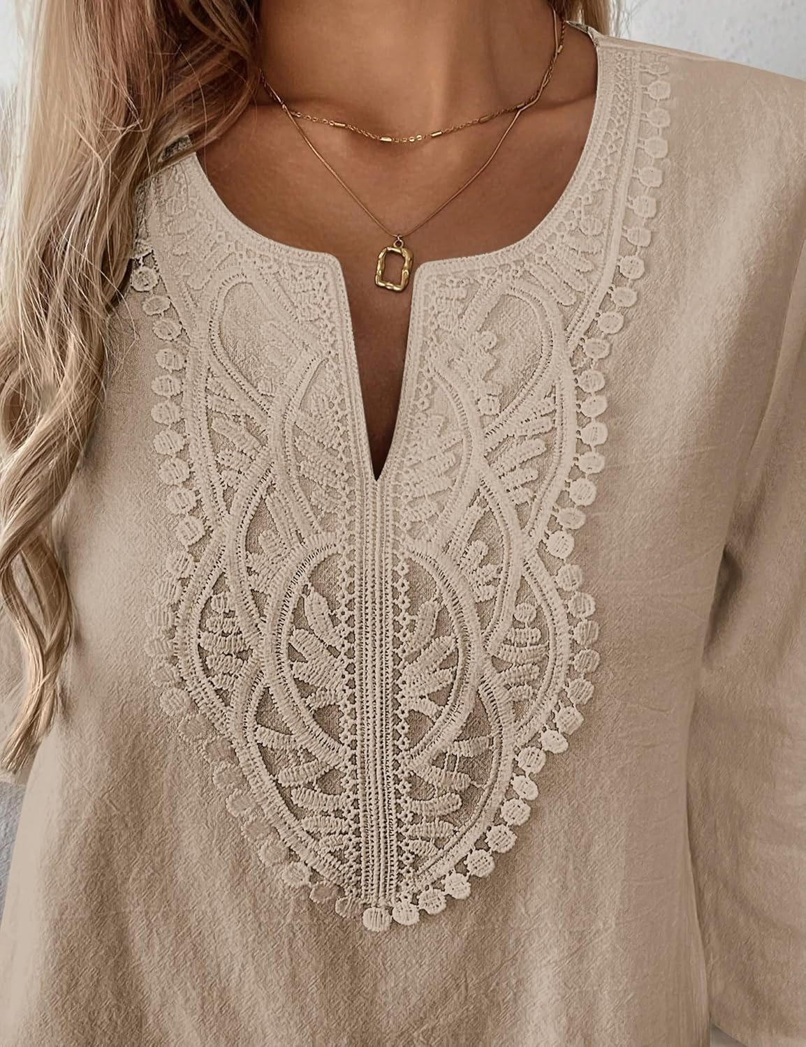 LOMON Womens 3/4 Sleeve Tops Cotton Linen Shirts V Neck Lace Casual Loose Fit Blouses Boho Fashion - Image 5