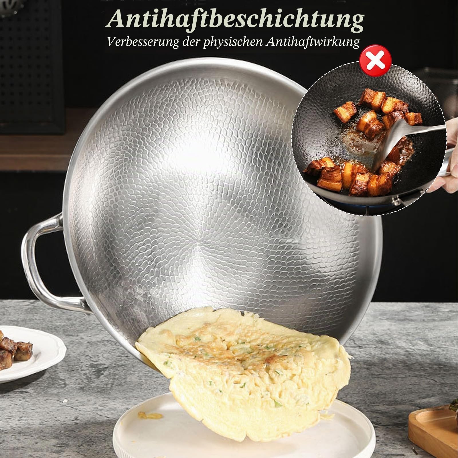 Edelstahl Wokpfanne 30 cm mit Deckel Bratpfanne,Verdickt Ultra-Haltbar Titan Bratpfanne Edelstahl Wokpfannen mit Deckel induktionsgeeignet,Backofenfest bis 400°C,Unbeschichtet