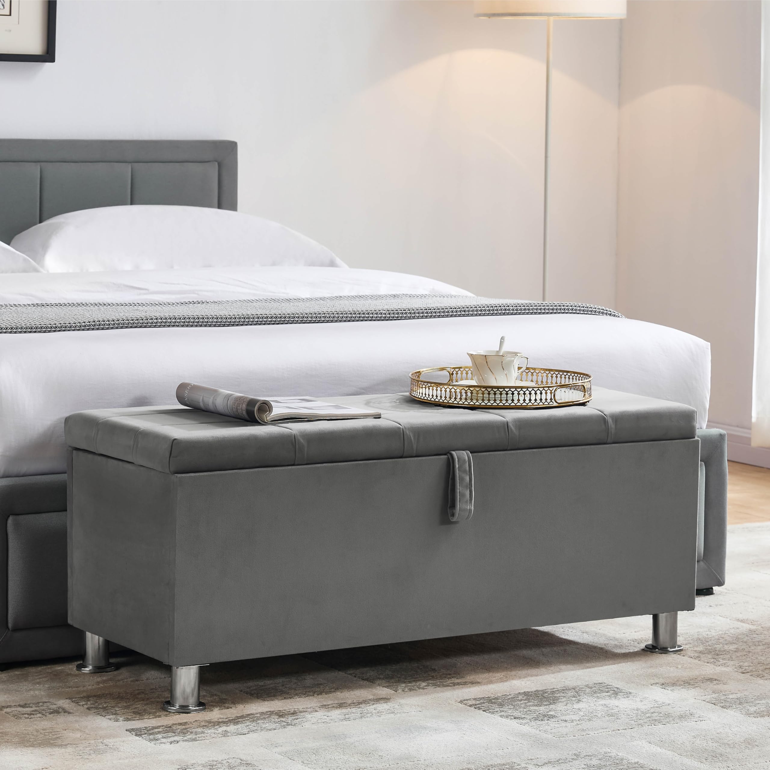 Vida Designs Valencia Storage Ottoman, Fabric in Light Grey Velvet, 100x40x44cm - Storage Ottoman with Lift-Up Lid, Ideal for Toys, Bedding & Footstool Use | UKFR Certified