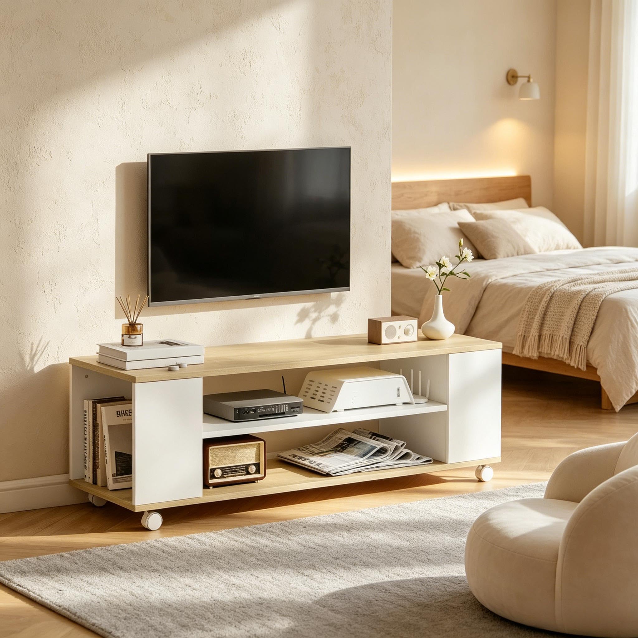 Mobile TV basso con ruote e 2 tipi di montaggio, 120 cm, bianco +