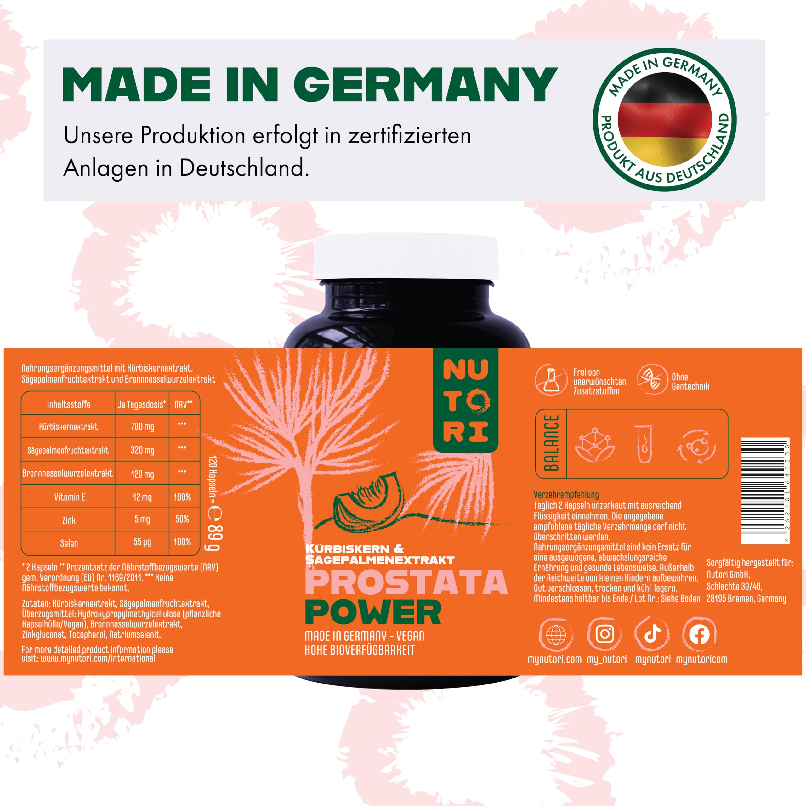 Prostata Kapseln hochdosiert - Kürbiskern- & Sägepalmenextrakt - 120 Kapseln mit Vitamin E, Zink, Selen und Brennnesselwurzelextrakt - 700 mg Kürbiskernextrakt - Vegan - Made in Germany