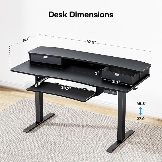 HUANUO 48 x 26 Electric Standing Desk with 2 Drawers & 26.7 Large Keyboard Tray, C-Clamp Mount Compatible, Adjustable Computer Desk for Home Office, Stand Up Desk with 4 Height Presets, Black