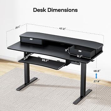HUANUO 48 x 26 Electric Standing Desk with 2 Drawers & 26.7 Large Keyboard Tray, C-Clamp Mount Compatible, Adjustable Computer Desk for Home Office, Stand Up Desk with 4 Height Presets, Black