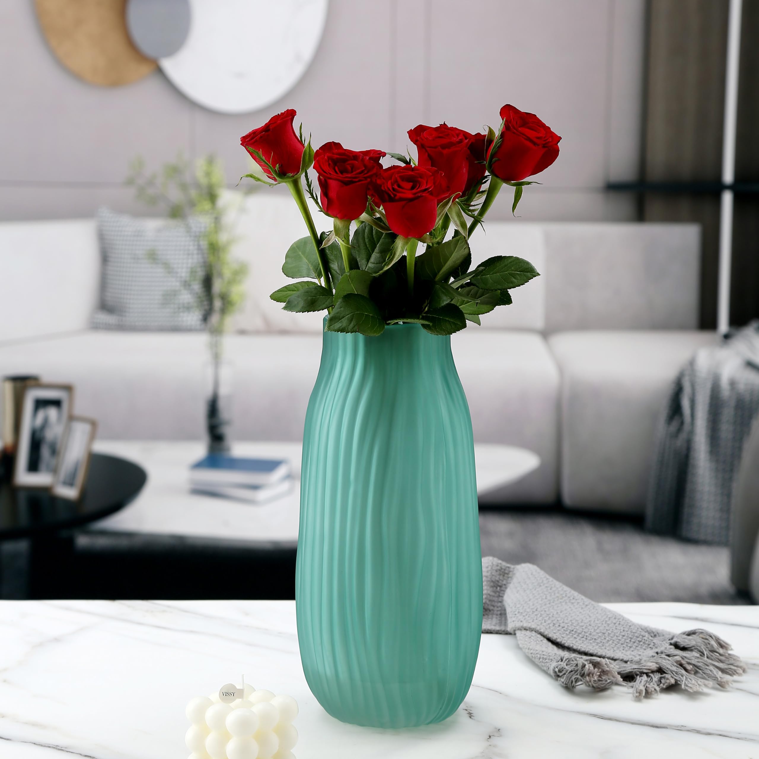 Large Green Glass Vase for Flowers Ribbed Tall Gold Floor Vase 21cm Decorative Vases for Home Table Centerpieces Flowers Decor and Farmhouse(Green 21cm) - Image 4