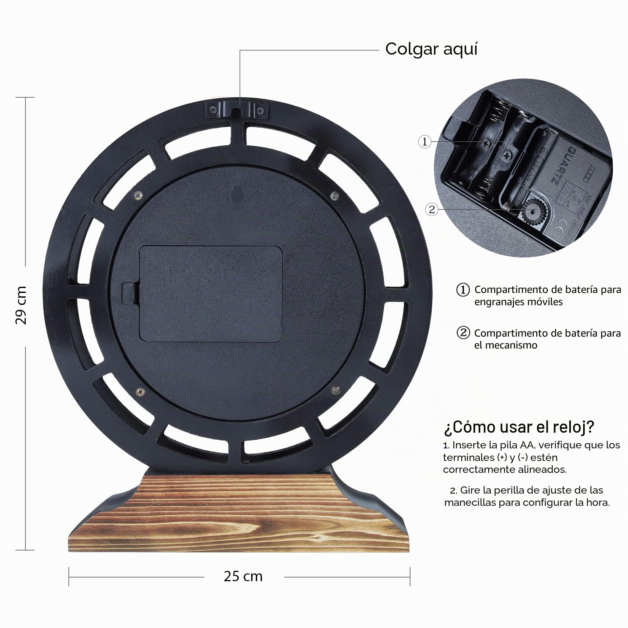 Lafocuse Reloj de Escritorio Engranajes Giratorios, Vintage Madera Marrón Industrial Steampunk, Convertible en Reloj de Pared, Números Romanos Retro para Salon Bar Cocina Sobremesa 29cm