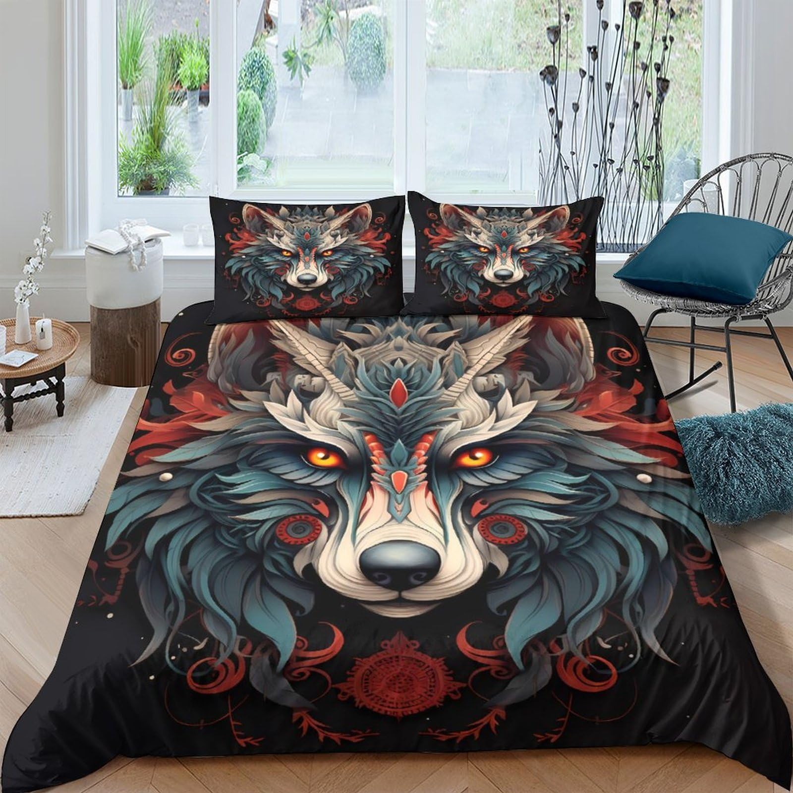Ctjqhvkz Style-1 3D Printed Wolf Spirit Fitted Sheet Microfiber Soft Black Red Tribal Mattress Cover Bedroom Decor Non Slip Machine Washable Single（135X200cm）