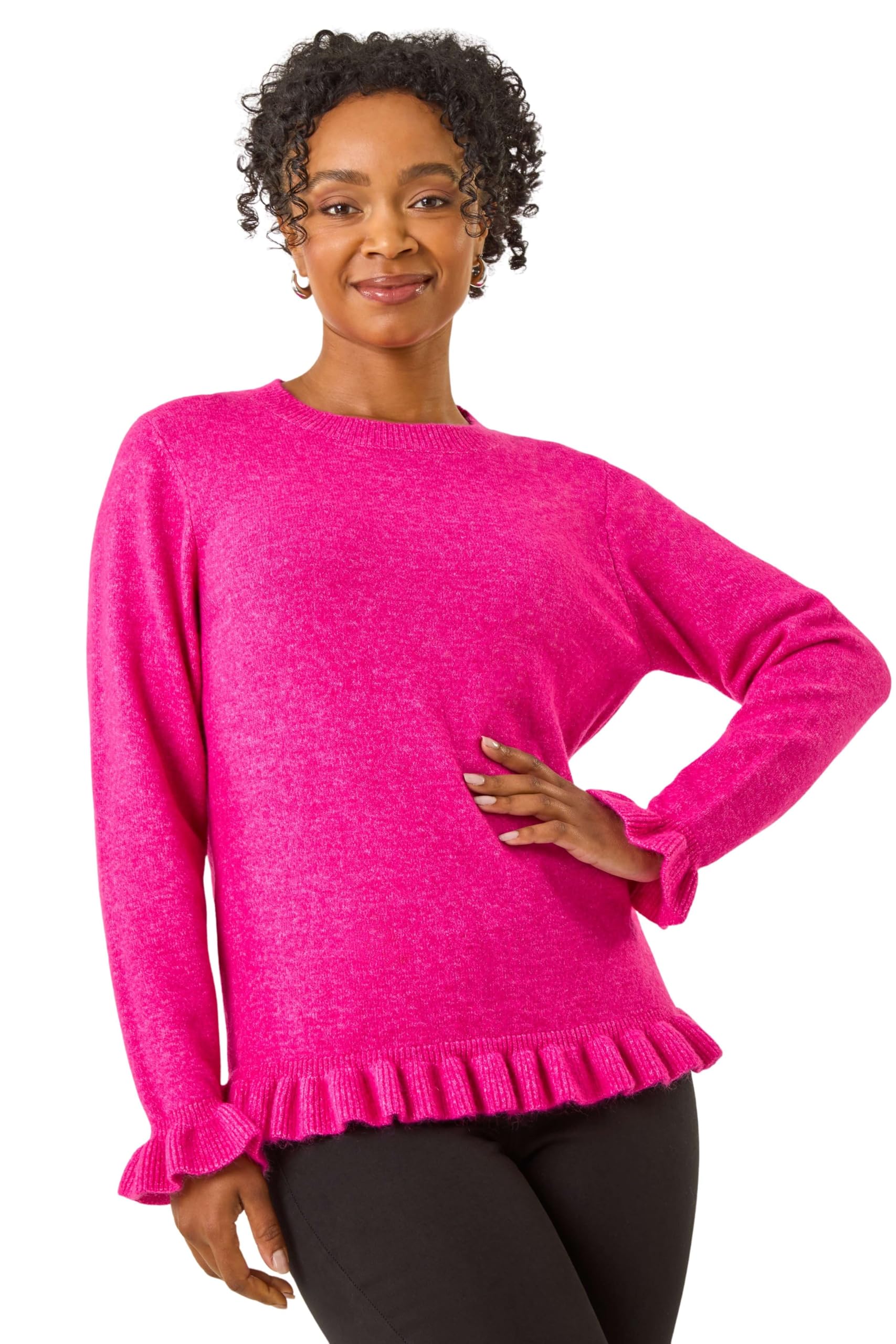 Roman Originals Women's Pink Roman Petite Flute Hem Knit Jumper For Uk - Everyday Autumn Winter Round Neckline Comfy Soft Evening Vacation Work Party Night Out - Petite - Size 18