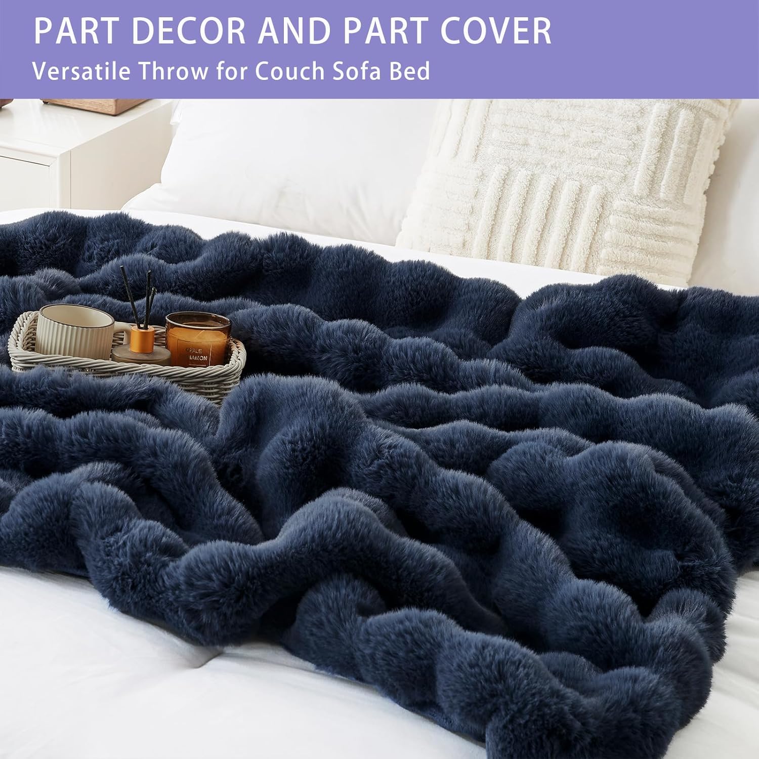 Bigacogo Faux Fur Throw Blanket for Couch, Fuzzy Soft Plush Thick Warm Bubble Blankets for Sofa Bed Living Room Décor, Cute Luxury Cozy Fluffy Throw Gift for Women Girls, 50"x60", Navy Blue - Image 3