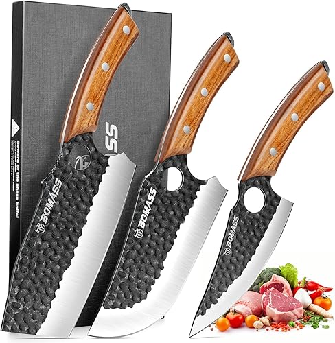 Butcher Knife for Cutting Set of 3, Hand Forged Japanese Meat Cleaver Knife for Cooking, High Carbon Kitchen Knife & Serbian Chef Knife & Boning