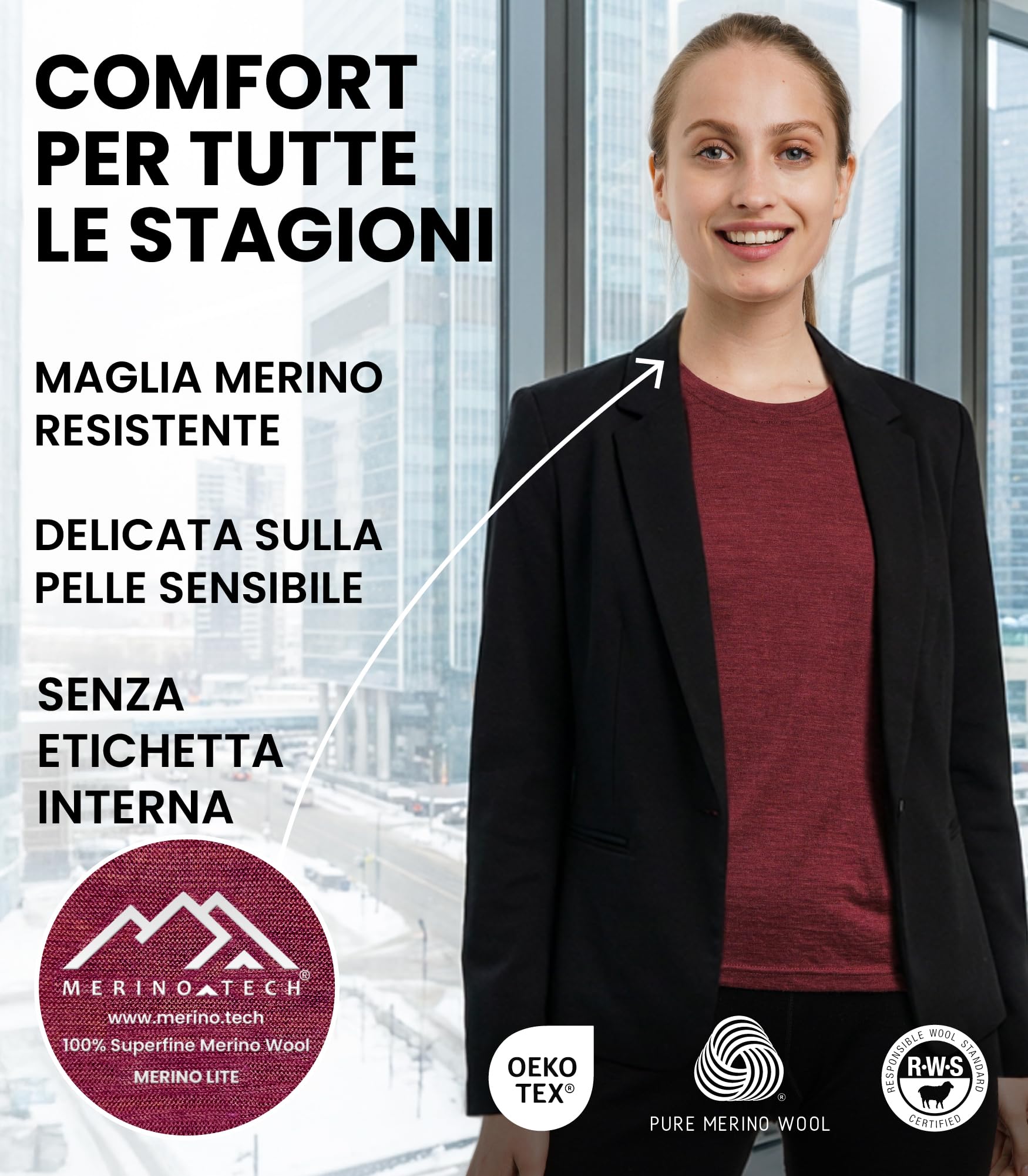 Merino.tech Maglietta Donna - T Shirt Lana Merino Manica Corta, 100% Intimo Lana Merinos Donna