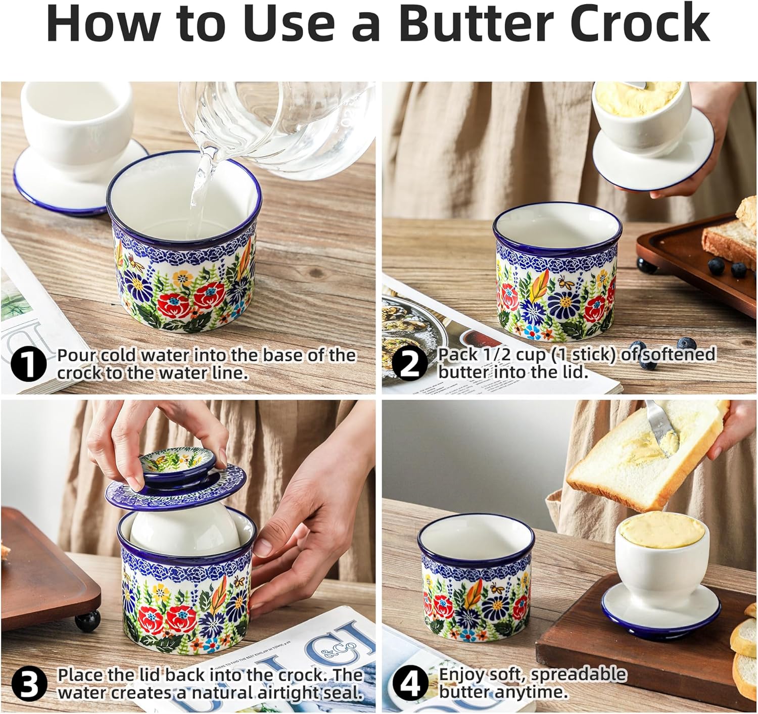 French Butter Crock with Lid for Countertop,Handpainted Floral Butter Keeper with Water Seal Line, Farmhouse Ceramic Butter Container Airtight for Soft Spreadable Butter,Housewarming Gifts