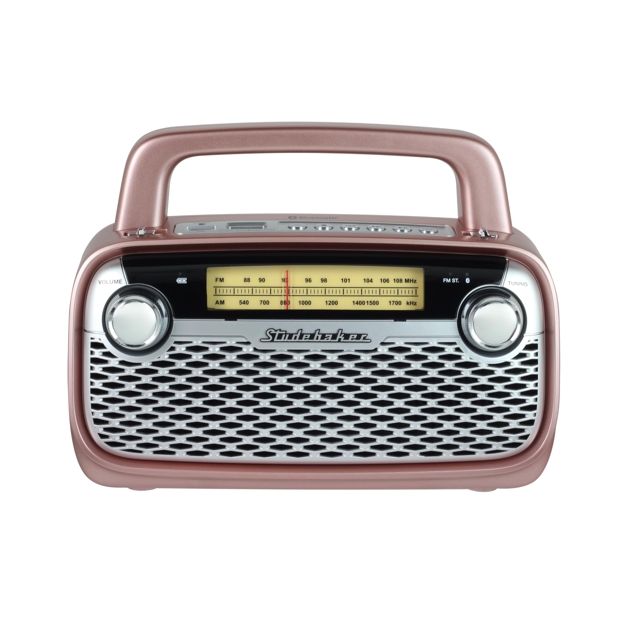 Studebaker SB2006 Haut-parleur Bluetooth avec radio portable AM/FM Streaming Bluetooth, batterie rechargeable et haute puissance (or rose)