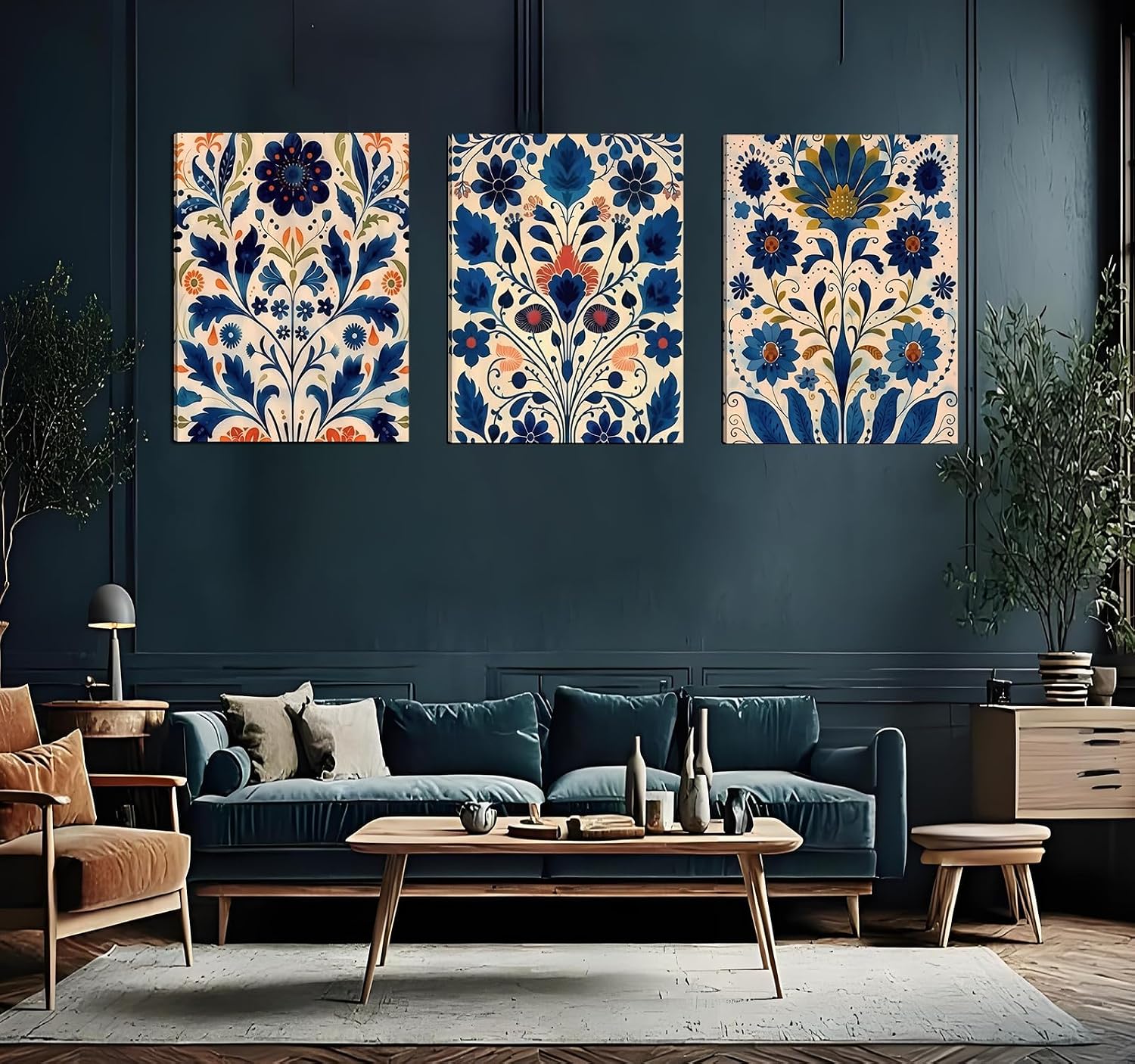 Condition photo showing New/Like New for 3 pcs blue boho flower canvas wall art, floral painting poster wall decor,wildflower botanical picture for wall living room bathroom bedroom home decoration 16 * 24 in framed