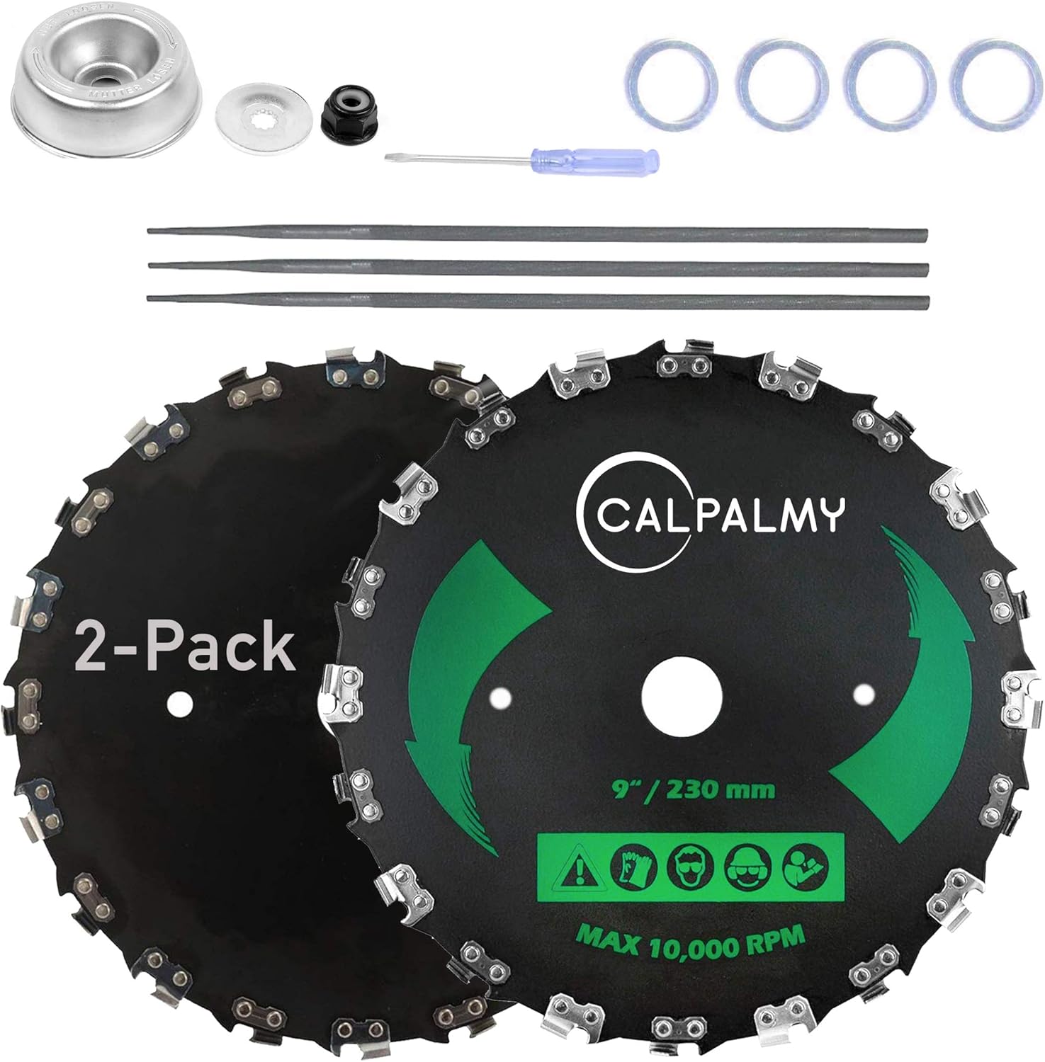 (2-Set) 9" x 20T Chainsaw Tooth Brush Blades Tool Kit, – 2 Blades, 3 Assorted Round Files and 4 Washers | for Cutter, Trimmer, Weed Eater | Made from Carbon Steel, Cuts Like Butter