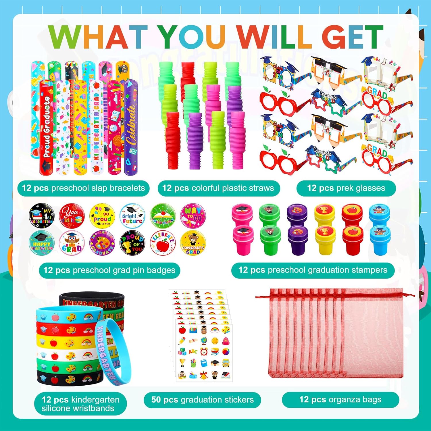 Seajan 134 Pcs Preschool Graduation Gifts Kindergarten Party Favor Congrats Grad Bracelet Pre K Grad Badge Pin Sticker Stamper Glasses Straw Organza Bag for Pre K Classroom Prize Gift Party Supplies