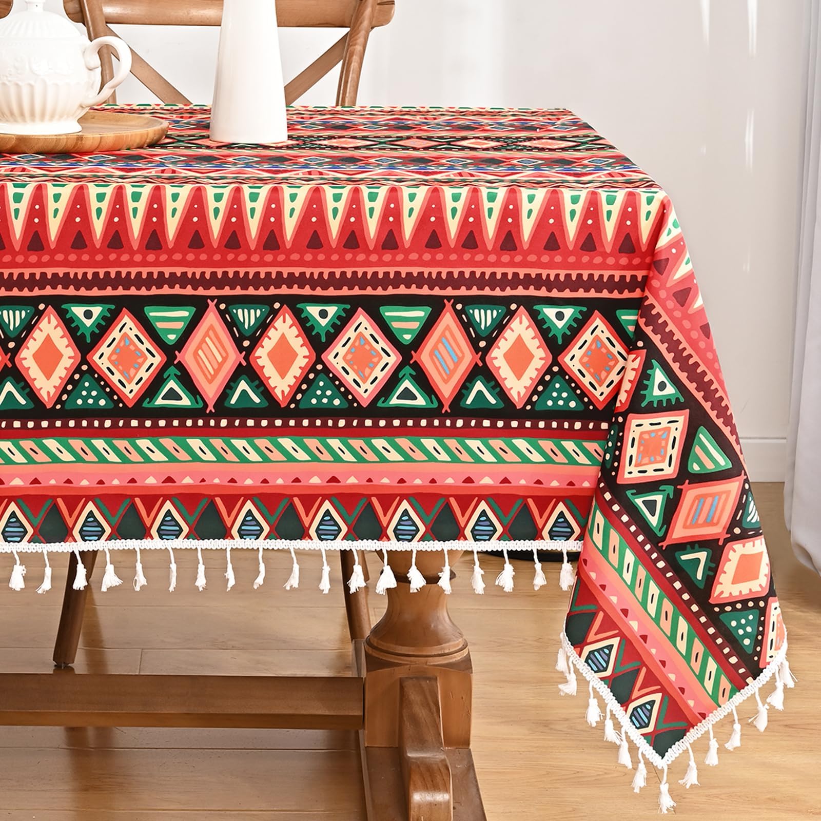 Amazon.com: Red Boho Vintage Cotton Linen Rectangle Tablecloth 55 x 70 Inch Bohemian Design ...