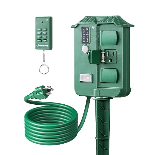 DEWENWILS Outdoor Power Stake Timer Waterproof, 100FT Wireless Remote Control, 6 Grounded Outlets, 6FT Extension Cord, Photocell Dusk to Dawn for Halloween/Christmas Decor Lights, Garden, UL Listed