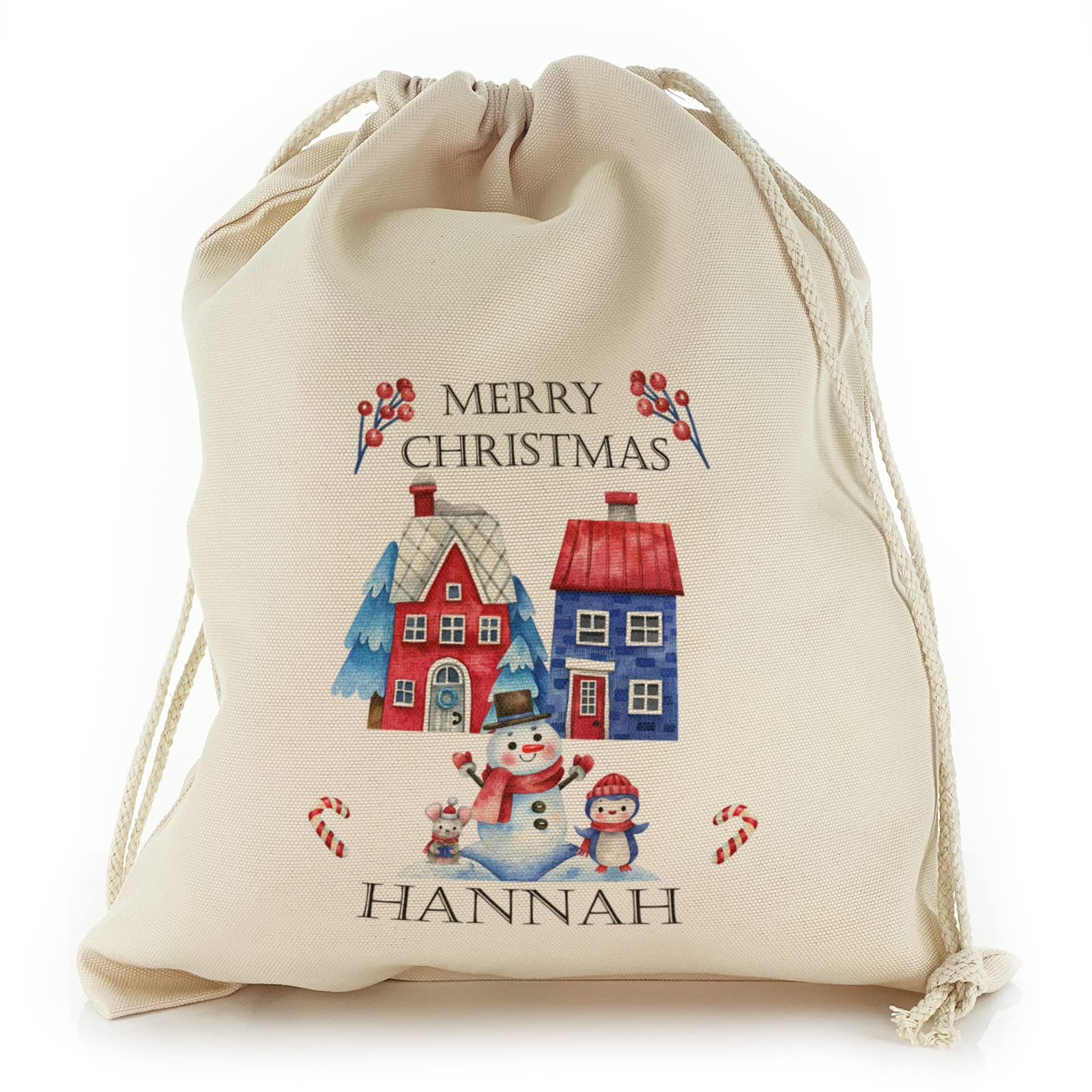 Personalised Gift Bag For Christmas, with Xmas Red Berry Snowman, Mouse and Penguin Design, Reusable, Xmas Drawstring Sack Customised with With Name/Initials/Text, Sizes: XXS, XS, S, M, L, XL