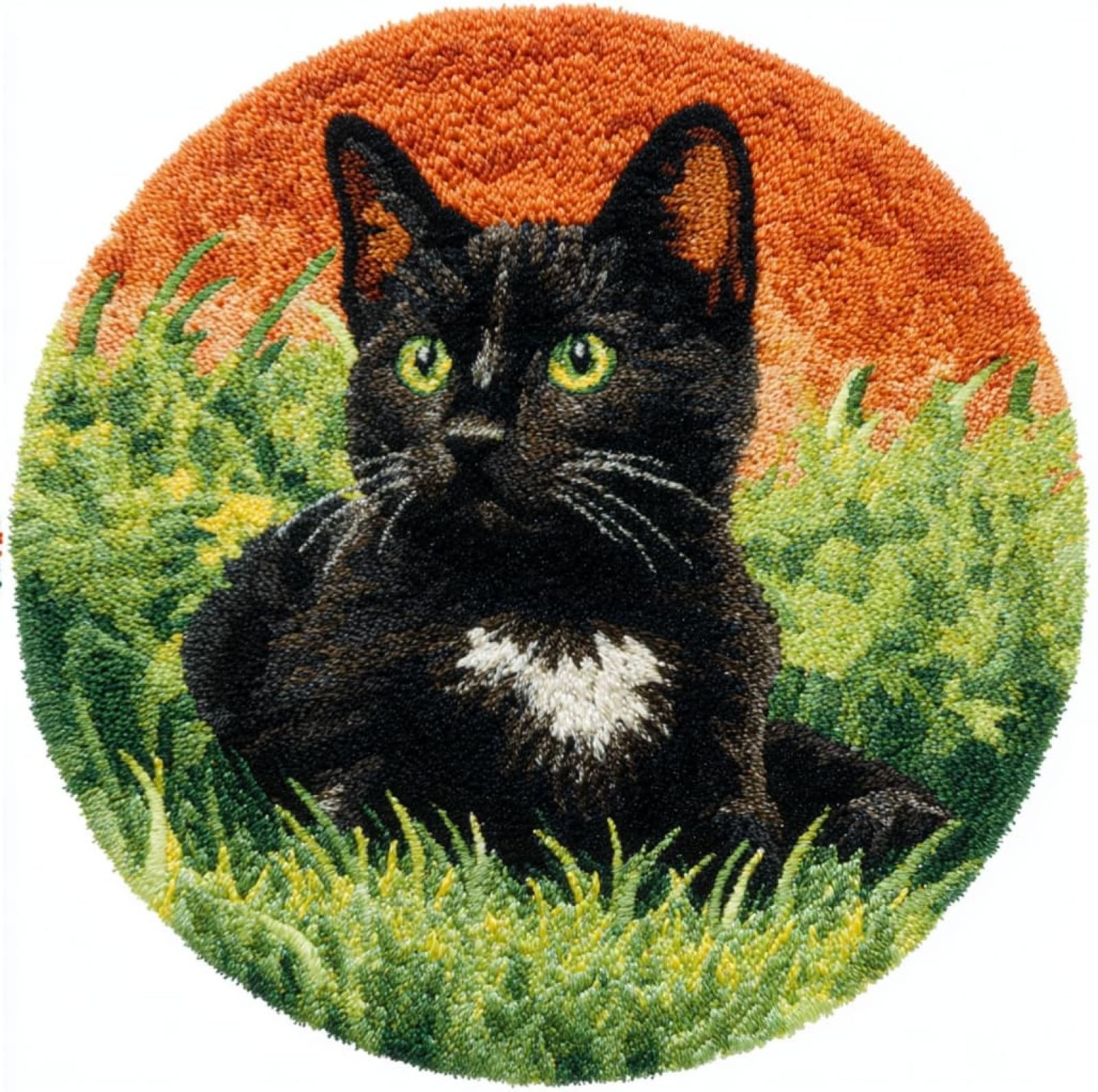 WallustrioaW DIY Carpet Latch Hook Kits,cat in the Grass,Latch Hook Rug Kits for Adults Beginners DIY Needlework Crocheting Rug Home Decor,50x50cm