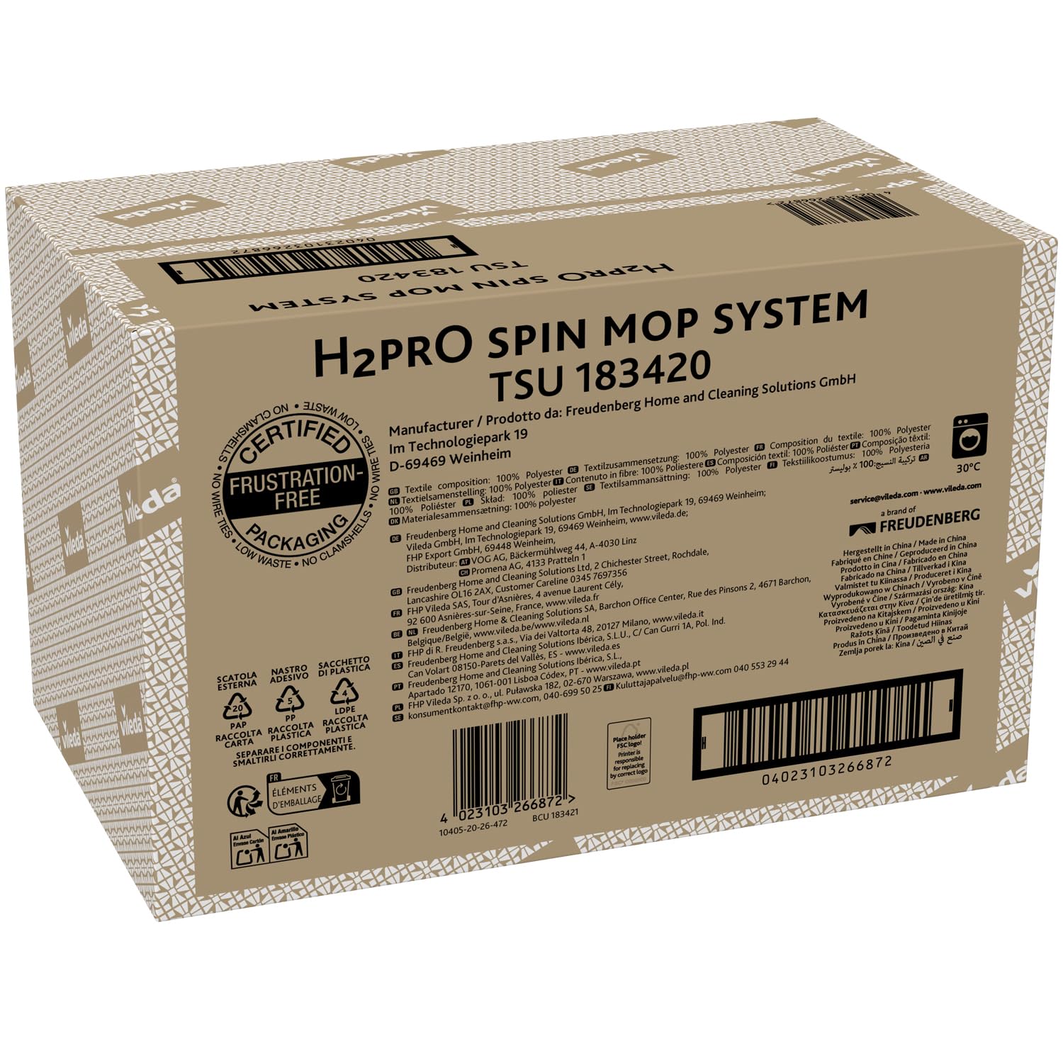 Vileda H2PrO - Sistema de fregona giratoria Vileda H2PrO | Separación de Agua de Doble Compartimento | Escurrido sin Esfuerzo | Limpieza con Microfibra | Sin Usar Las Manos | Diseño ergonómico