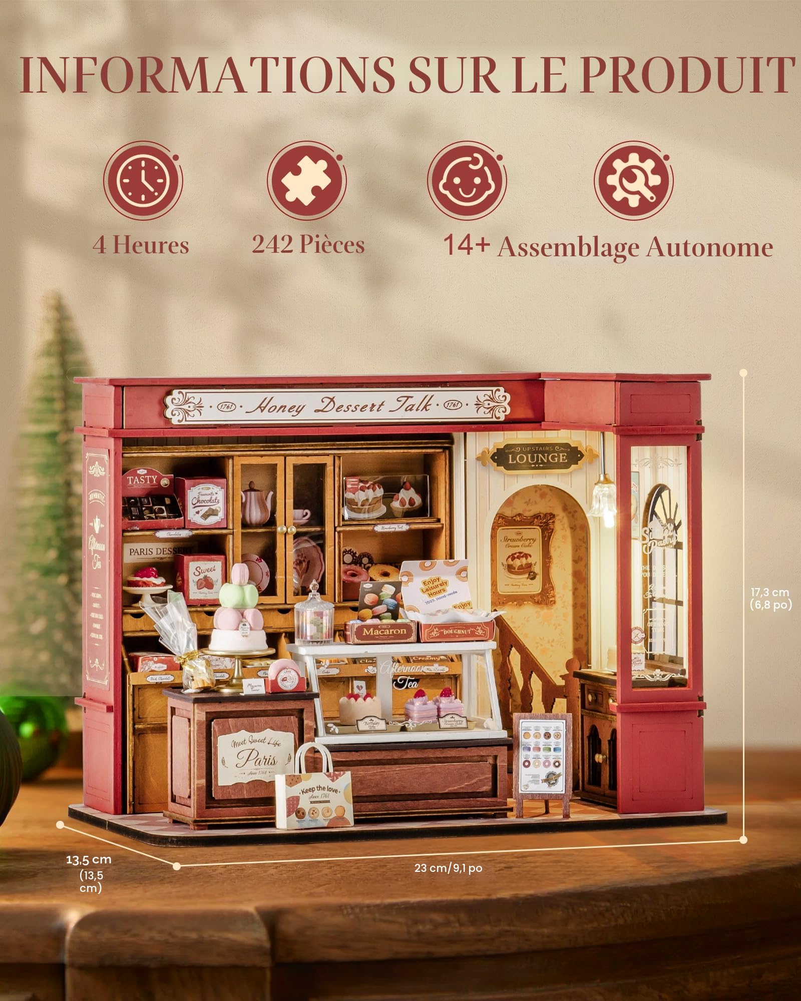 ROBOTIME Maquette Maison Miniature a Construire Magasin de Desserts, Kit de Construction de Maison Miniature en Bois avec LED, Cadeau Créatif pour Adultes et Enfants