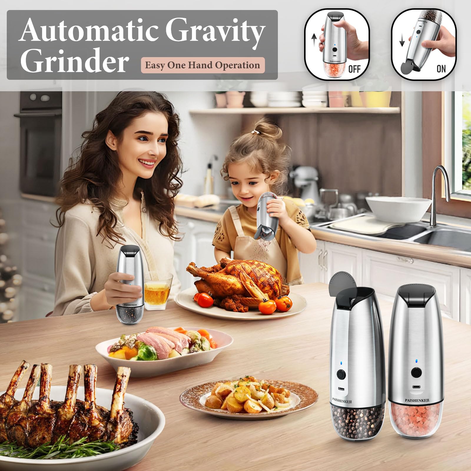 TasteTwirl Electric Salt And Pepper Grinder Set - USB Rechargeable, One-Hand Operation, Adjustable Coarseness With LED Light - View #3