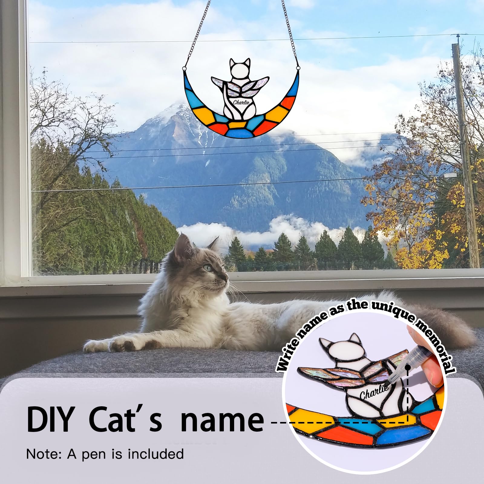 FUFYUKEY Angel White Cat Memorial Gifts - Stained Glass Window Hanging Decoration, Rainbow Bridge Cats Angel Wings Suncatcher, Cat Lovers Gifts Ornaments, Pet Loss Sympathy Gift for Window