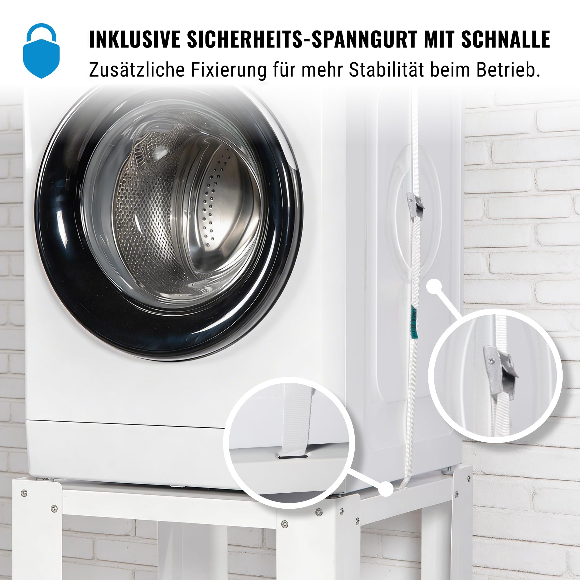 ROLLER Kappatos Waschmaschinen-Untergestell 50 cm mit Regal, Weiß | Stabiles Podest, bis 300 kg, verzinkter Stahl, höhenverstellbare Füße, inkl. Spanngurt