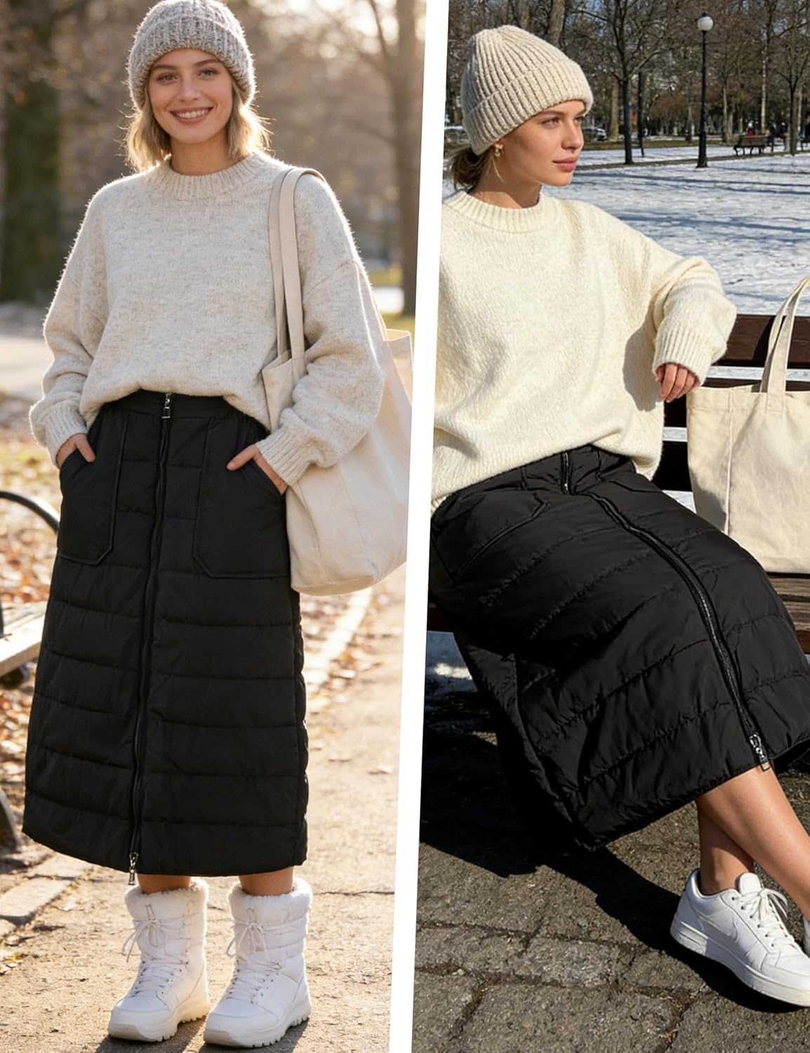 Shiyifa Womens Quilted Puffer Skirt Winter Insulated Down Long Skirt Warm Zip Front Padded Skirt with Pockets