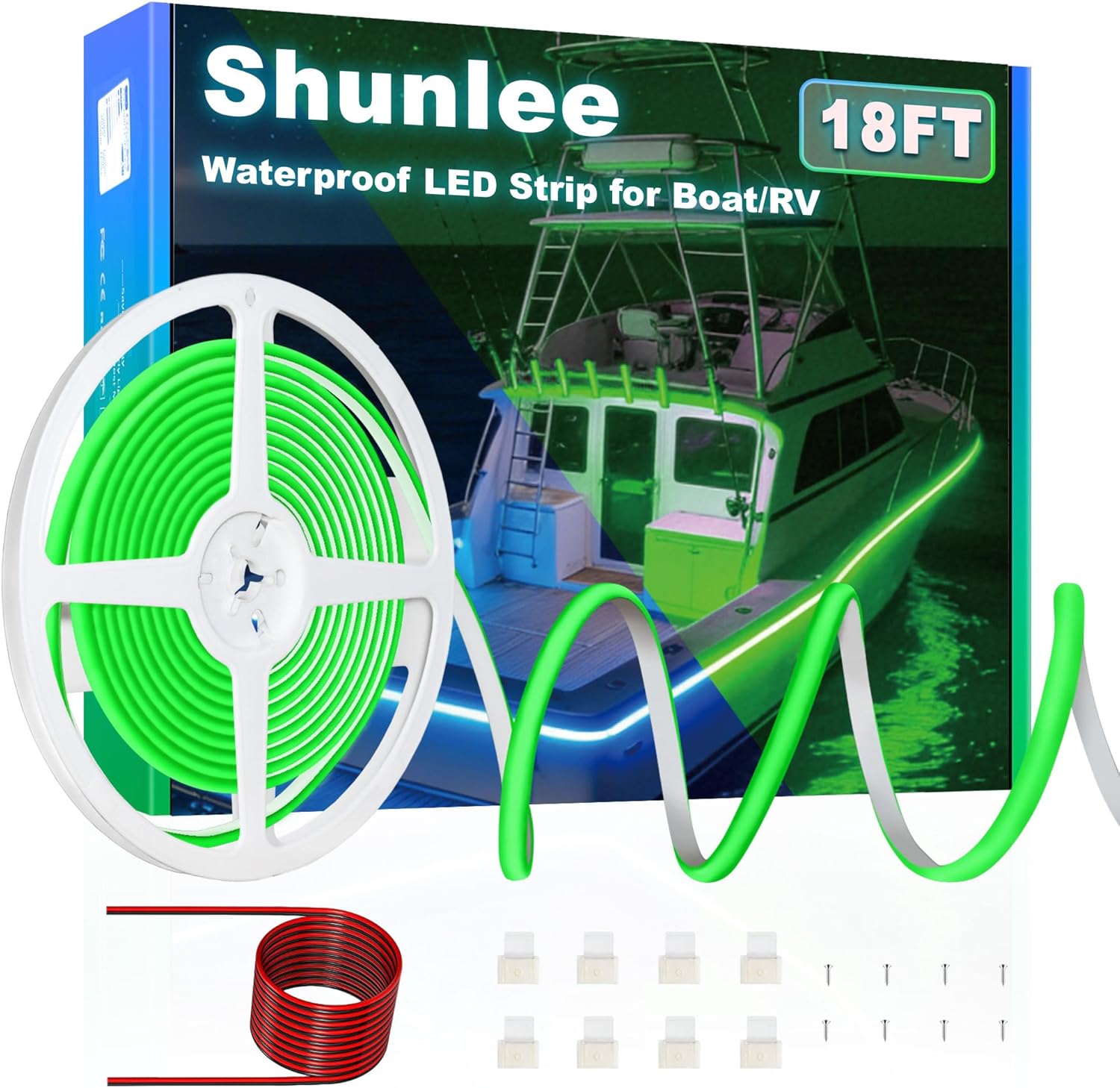 SHUNLEE Led Boat Lights Green 18FT, IP67 COB Waterproof Marine Pontoon Led Lights, Boat Interior Strip Lights for Pontoon, Deck, Night Fishing, Kayak, RV, Bass (18FT-Green)
