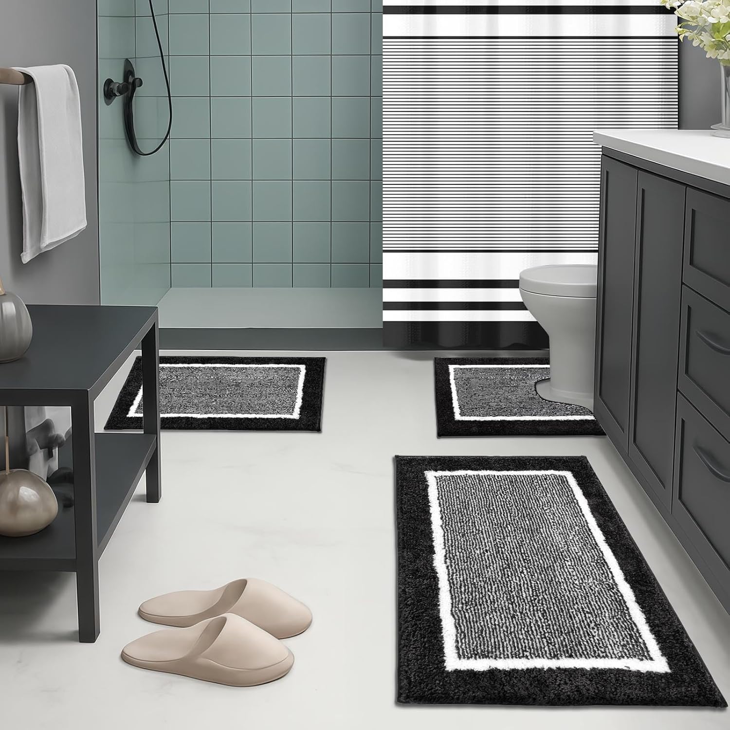 Britimes Black Stripes Bathroom Sets with Shower Curtain and Rugs, Modern Minimalist Geometric Waterproof Shower Curtain Liner and Soft Non Slip Bath Mat for Bathroom Decor and Accessories Hooks