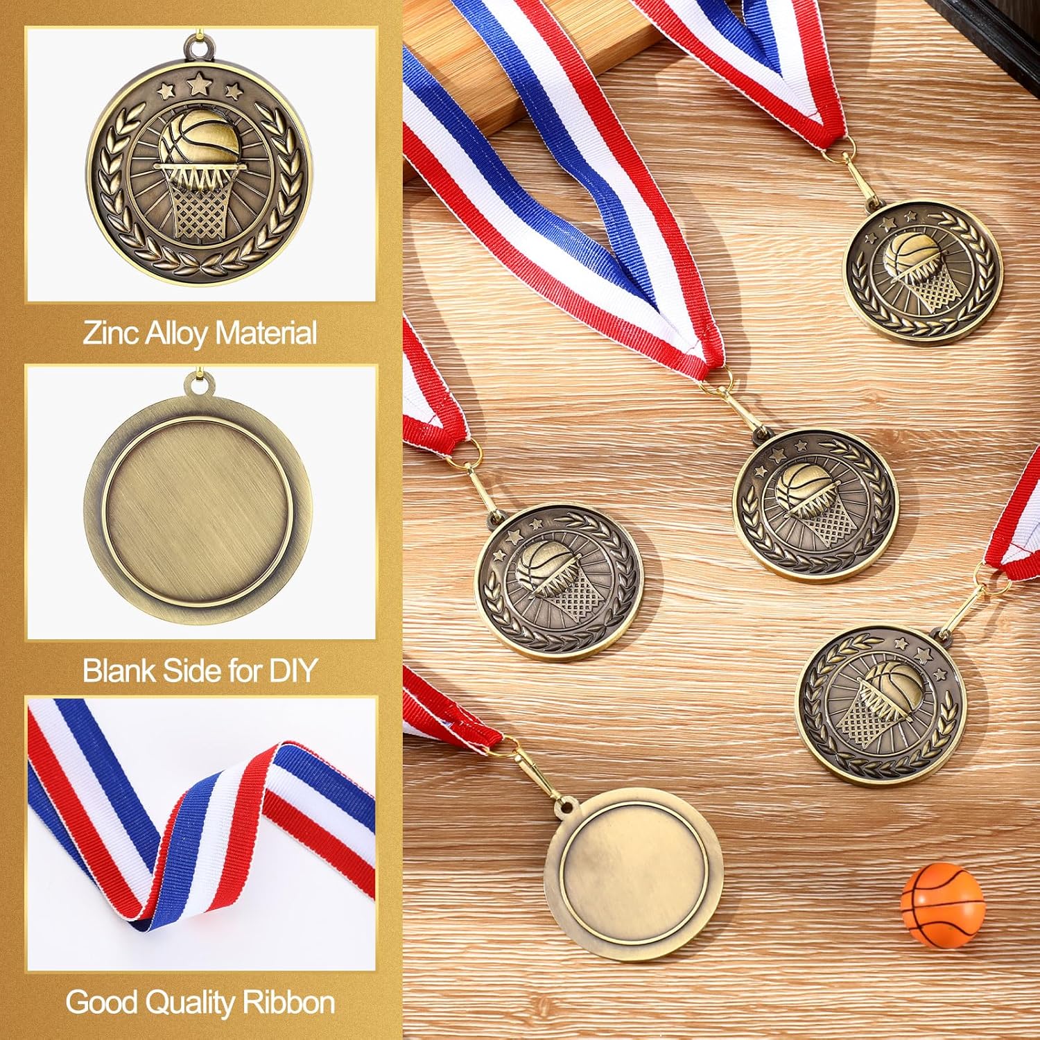 60 Pcs Sports Award Medals Bulk 2 Inch Bronze Trophies with Neck Ribbons Football Basketball Baseball Soccer Cheerlead Winner Medal for Team Gift Sport Party Games Prize Supply